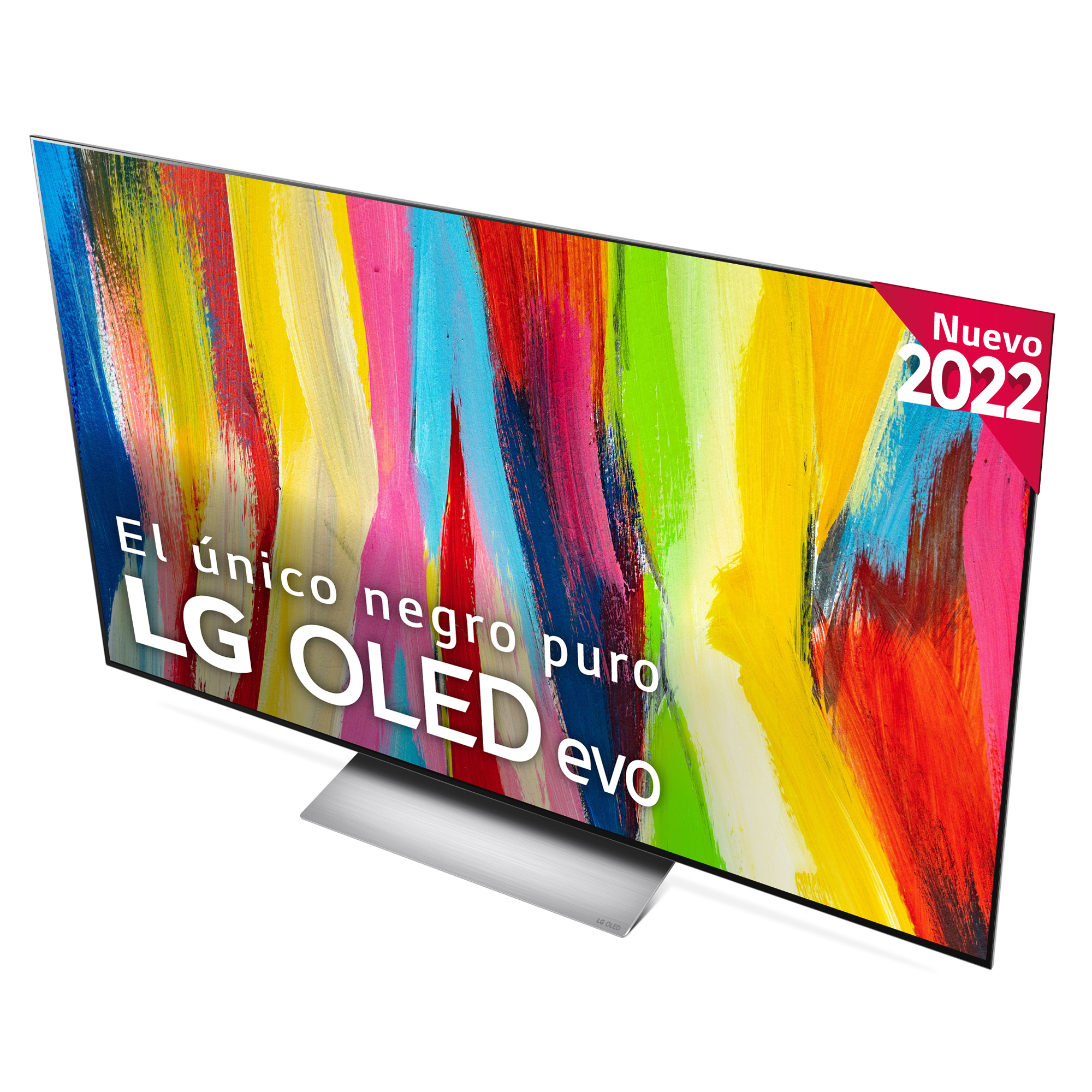 TV LG OLED evo con arte abstracto colorido y etiqueta 'Nuevo 2022'.