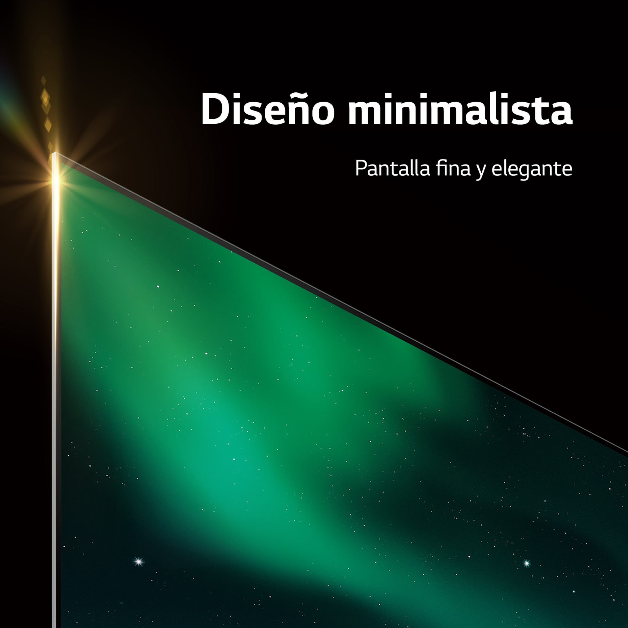 Pantalla de TV moderna con escena de aurora boreal verde y blanca. Diseño minimalista.
