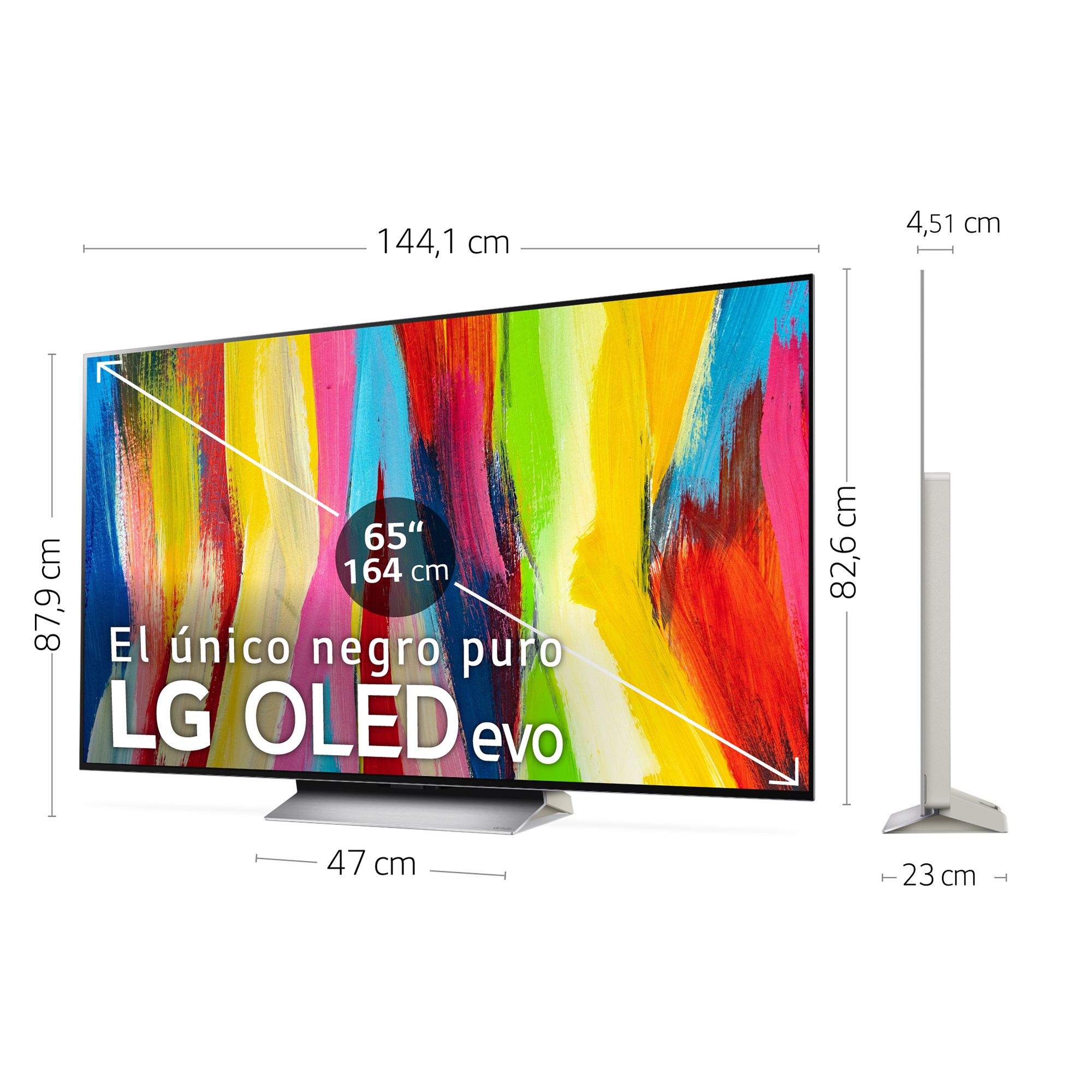 TV LG OLED evo. Muestra dimensiones, tamaño 65 pulgadas y 164 cm. Texto: 'El único negro puro'.