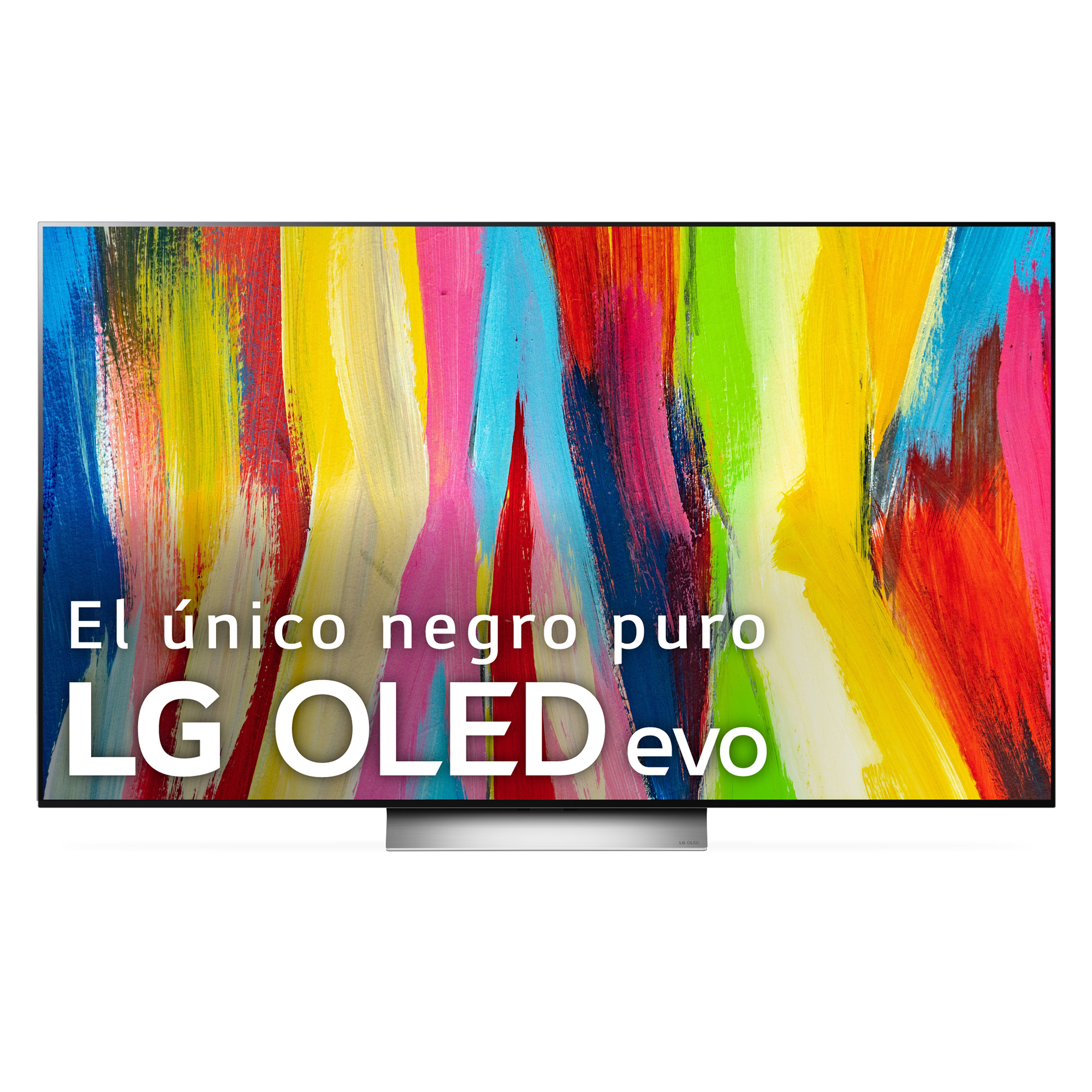 TV LG OLED evo. Obra de arte abstracta colorida en la pantalla, soporte plateado, fondo blanco y texto.