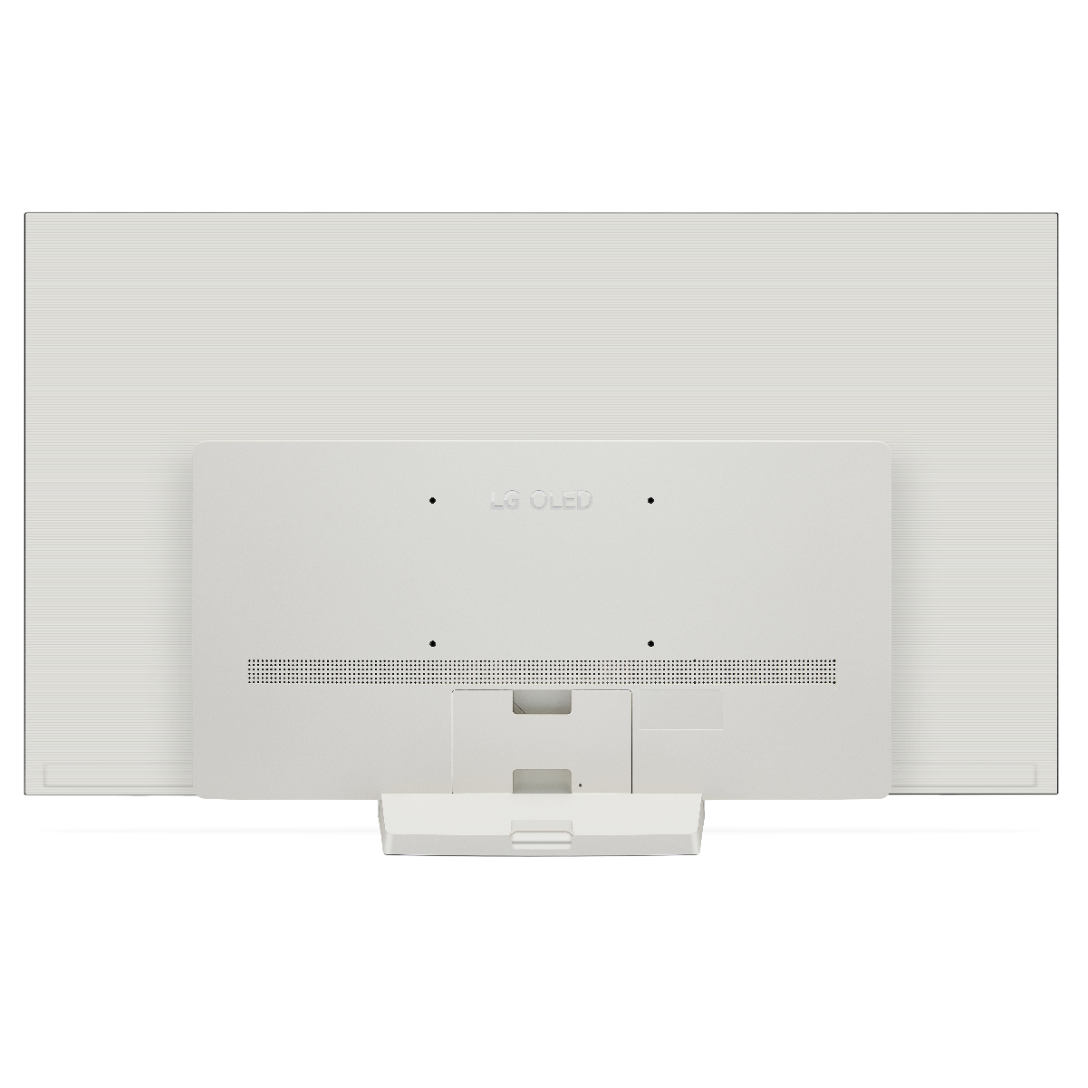 Parte trasera de un televisor blanco. Tiene un panel trasero blanco y un soporte blanco.