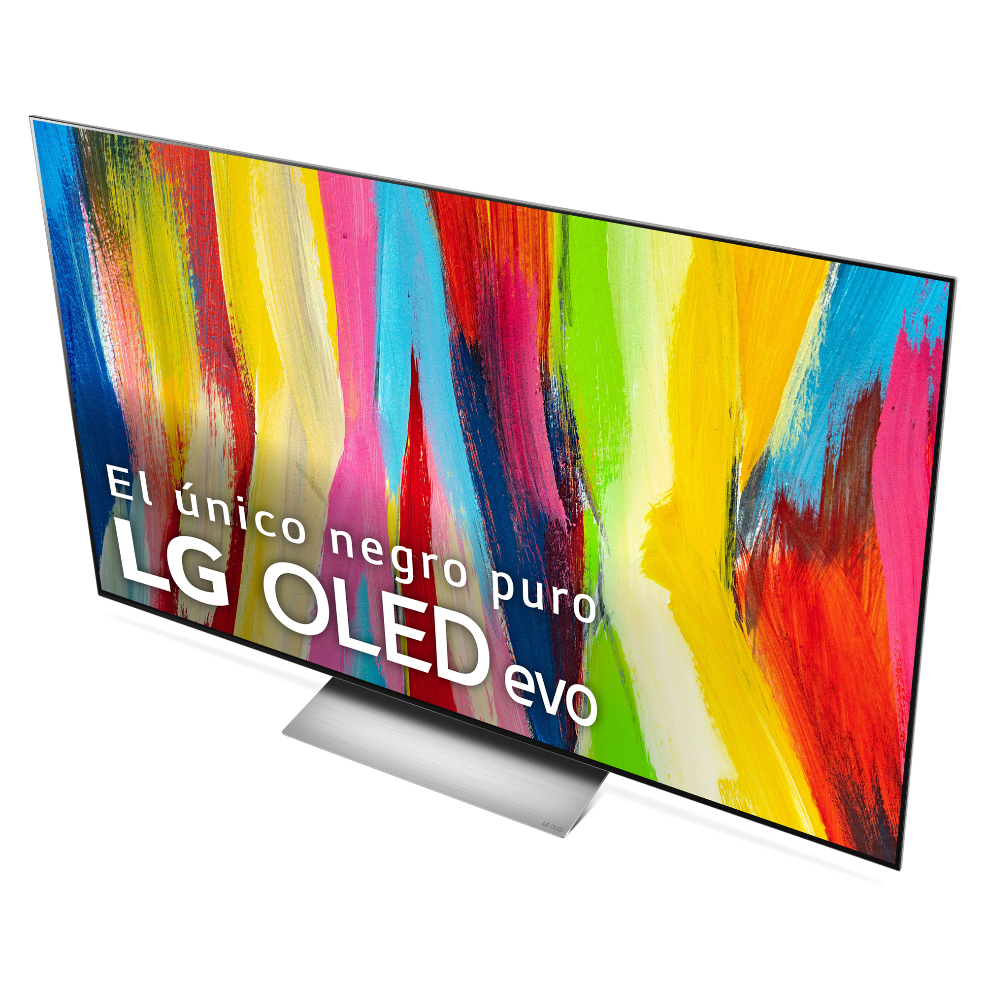 Gran TV LG OLED evo con una colorida pantalla de arte abstracto.