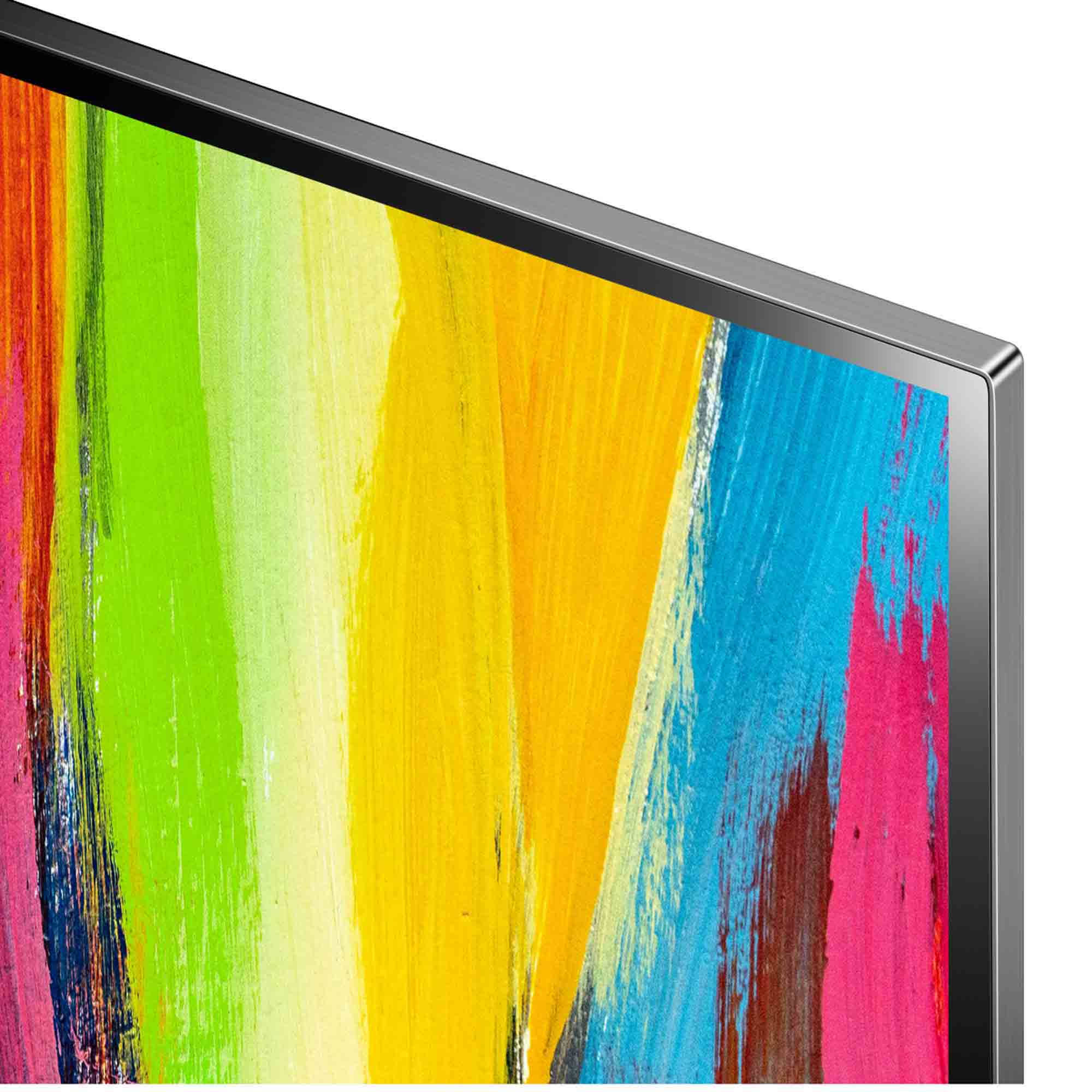 Primer plano de una pantalla de TV que muestra arte abstracto colorido, con un marco de metal.