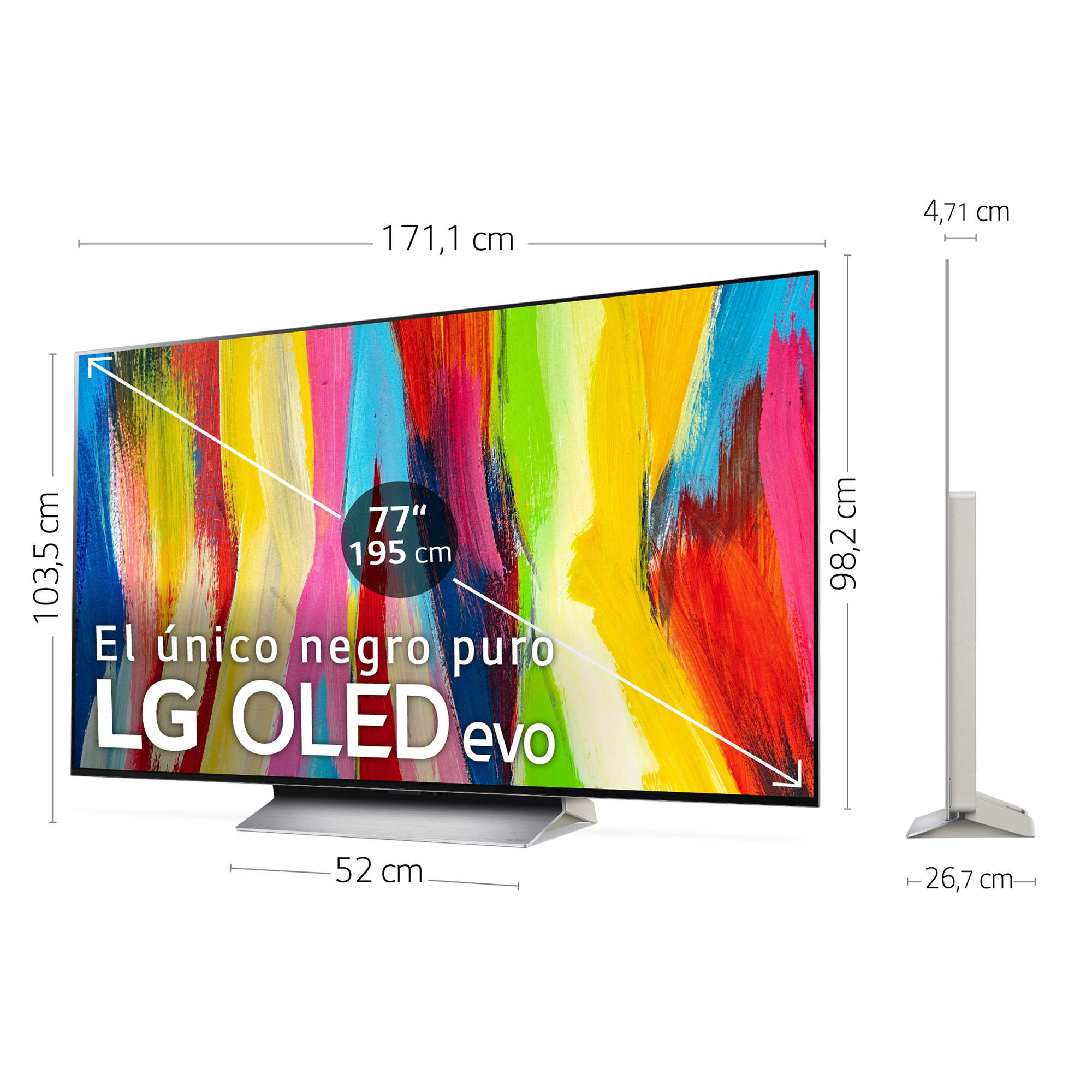 Un televisor LG OLED evo, con dimensiones mostradas y contenido colorido en la pantalla.