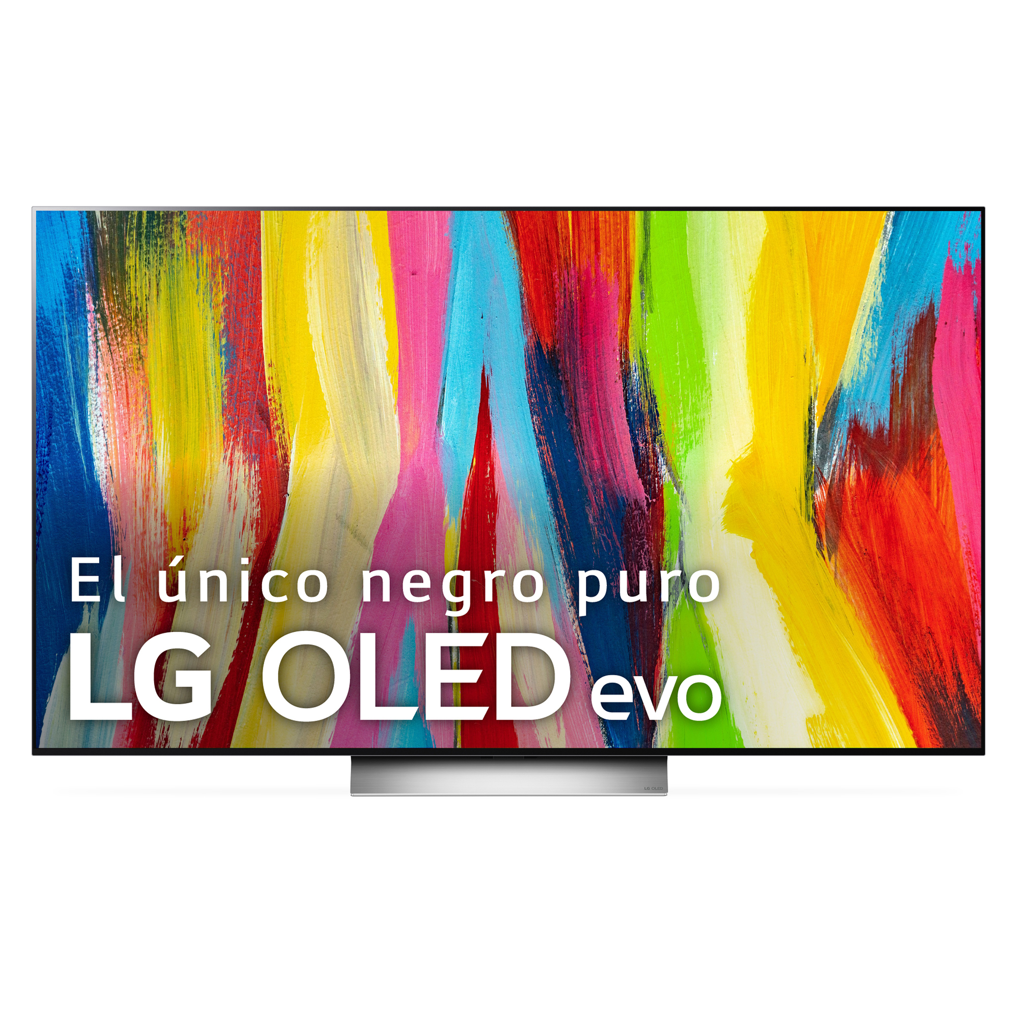 Una pantalla de TV que muestra una obra de arte abstracta colorida con el texto "LG OLED evo".