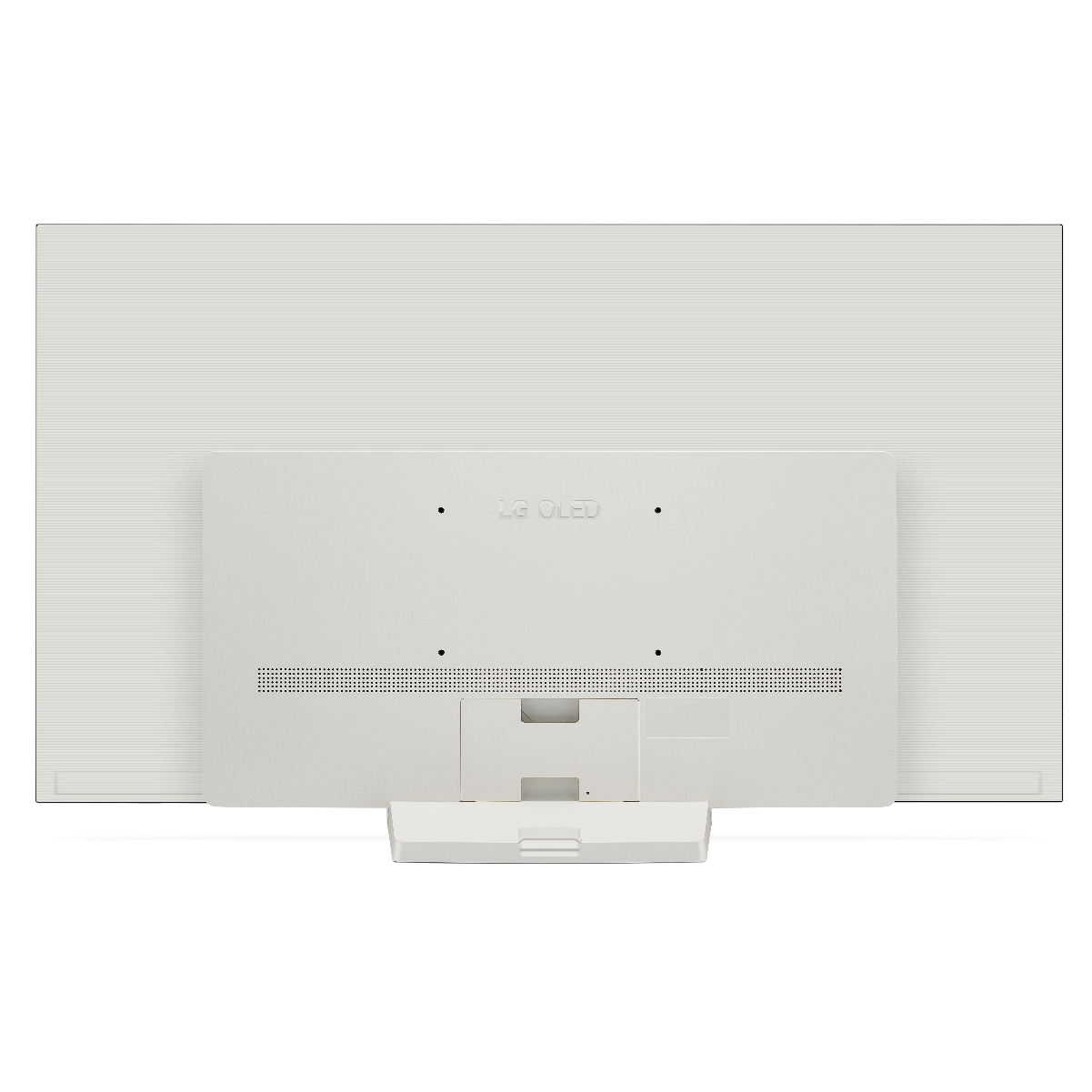 Parte trasera de un televisor LG OLED blanco. Muestra las conexiones, el soporte y el logotipo LG OLED.