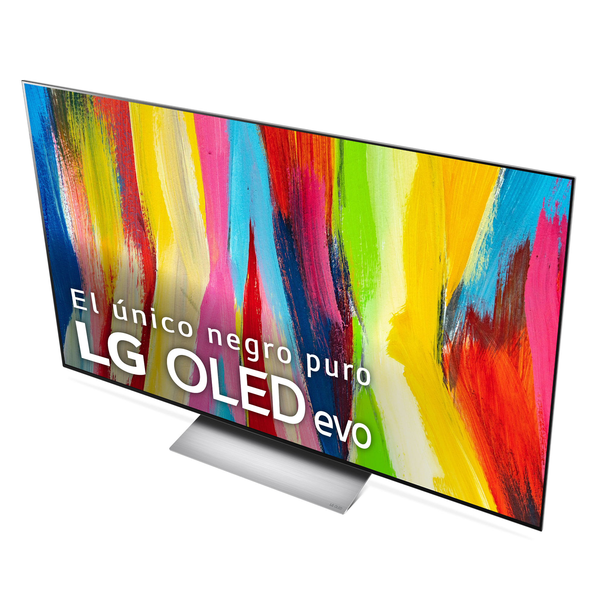 Una pantalla de TV muestra barras de color. El televisor está sobre un soporte plateado. Texto: LG OLED evo.