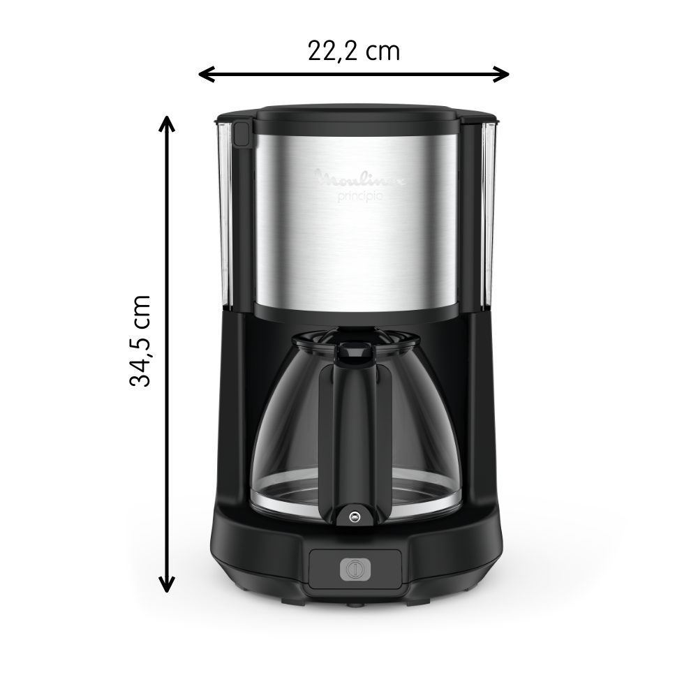 Cafetera negra y plateada con jarra de vidrio, dimensiones etiquetadas.