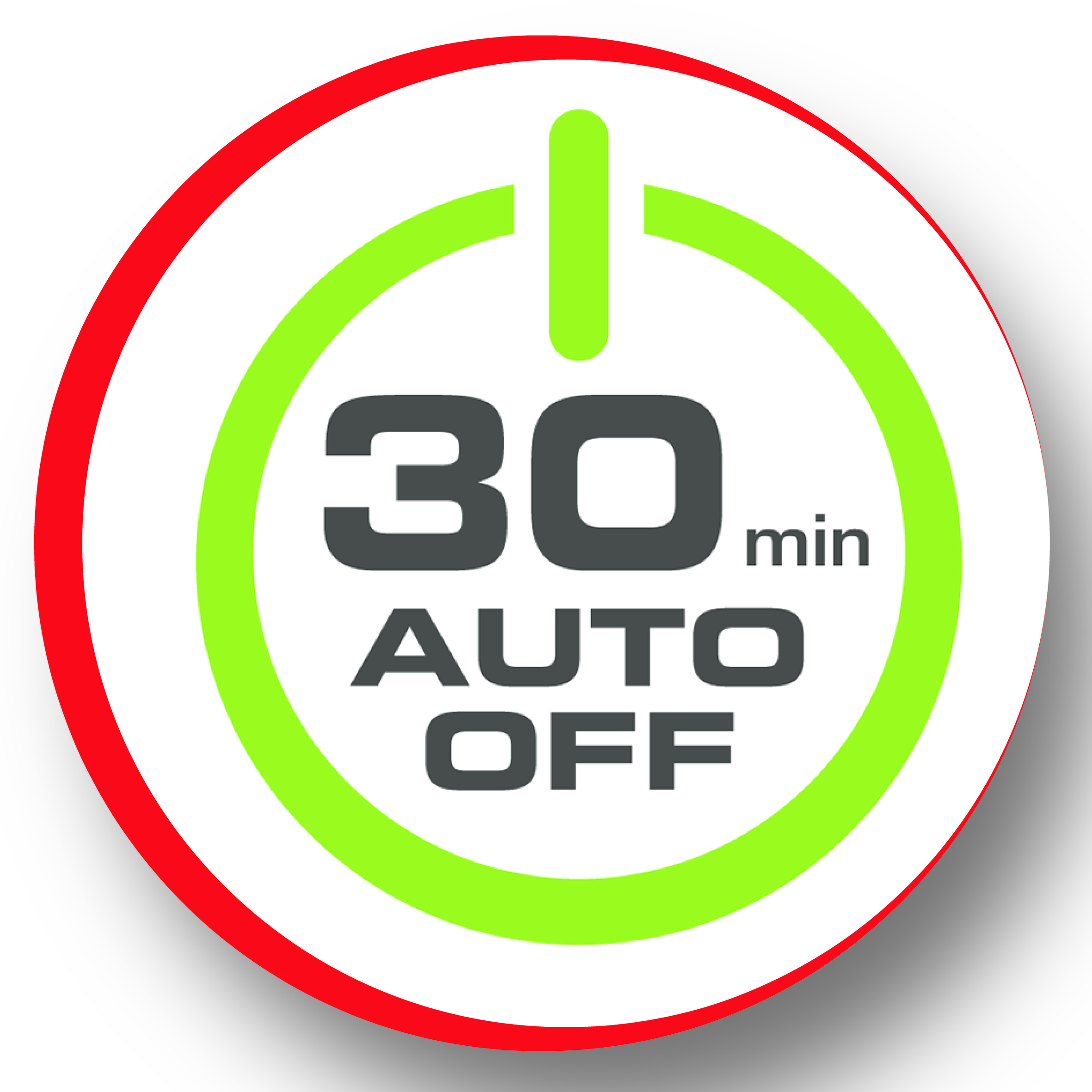 Un icono verde de encendido/apagado en un círculo rojo. El texto dice 30 min auto apagado.