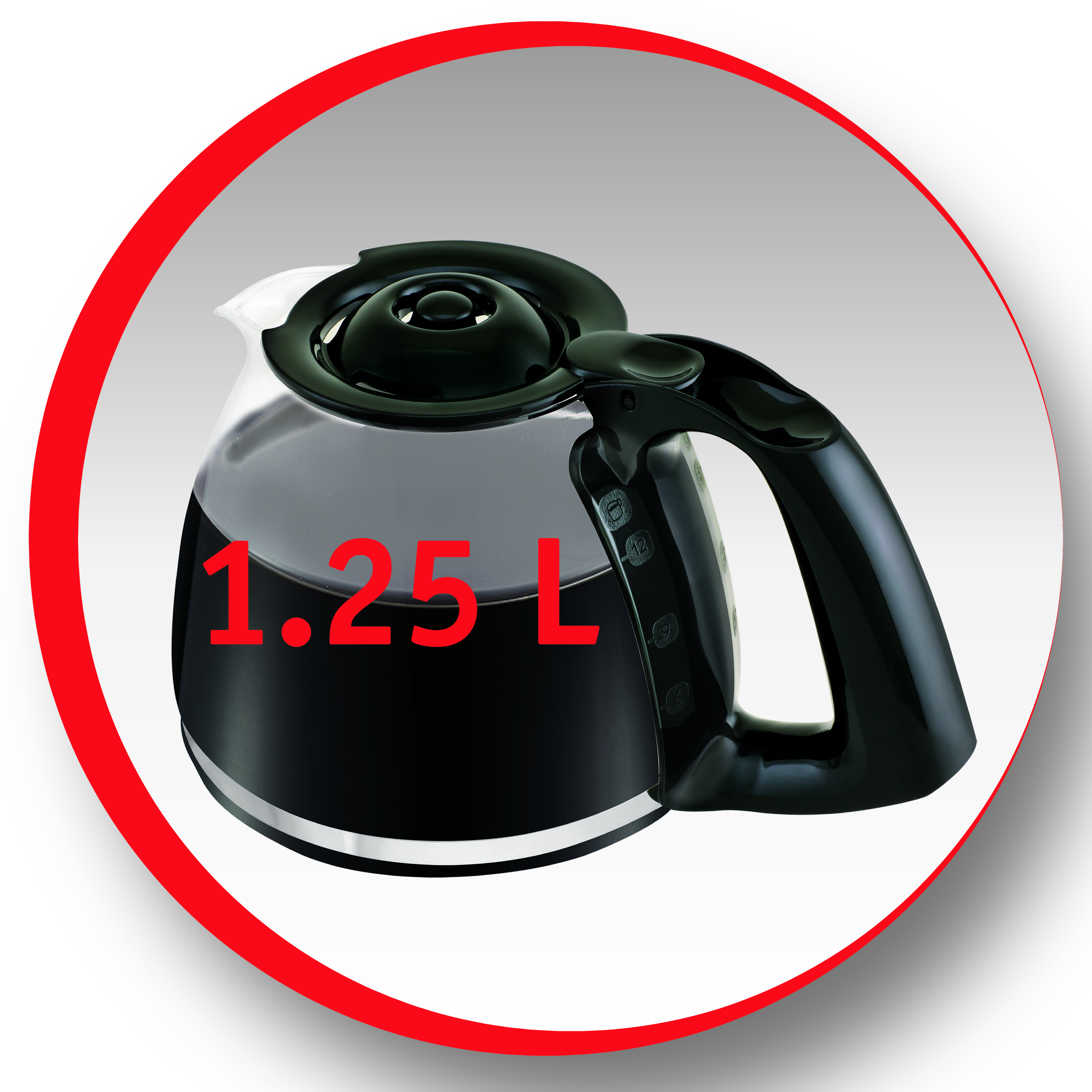 Jarra de café con asa negra, texto rojo que dice '1,25 L' dentro de un círculo rojo.