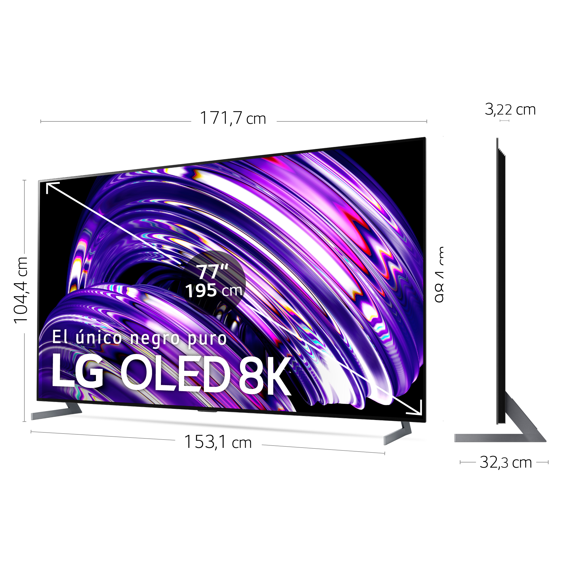 Gran televisor LG OLED 8K con dimensiones mostradas. Cuenta con una pantalla negra y un soporte plateado.