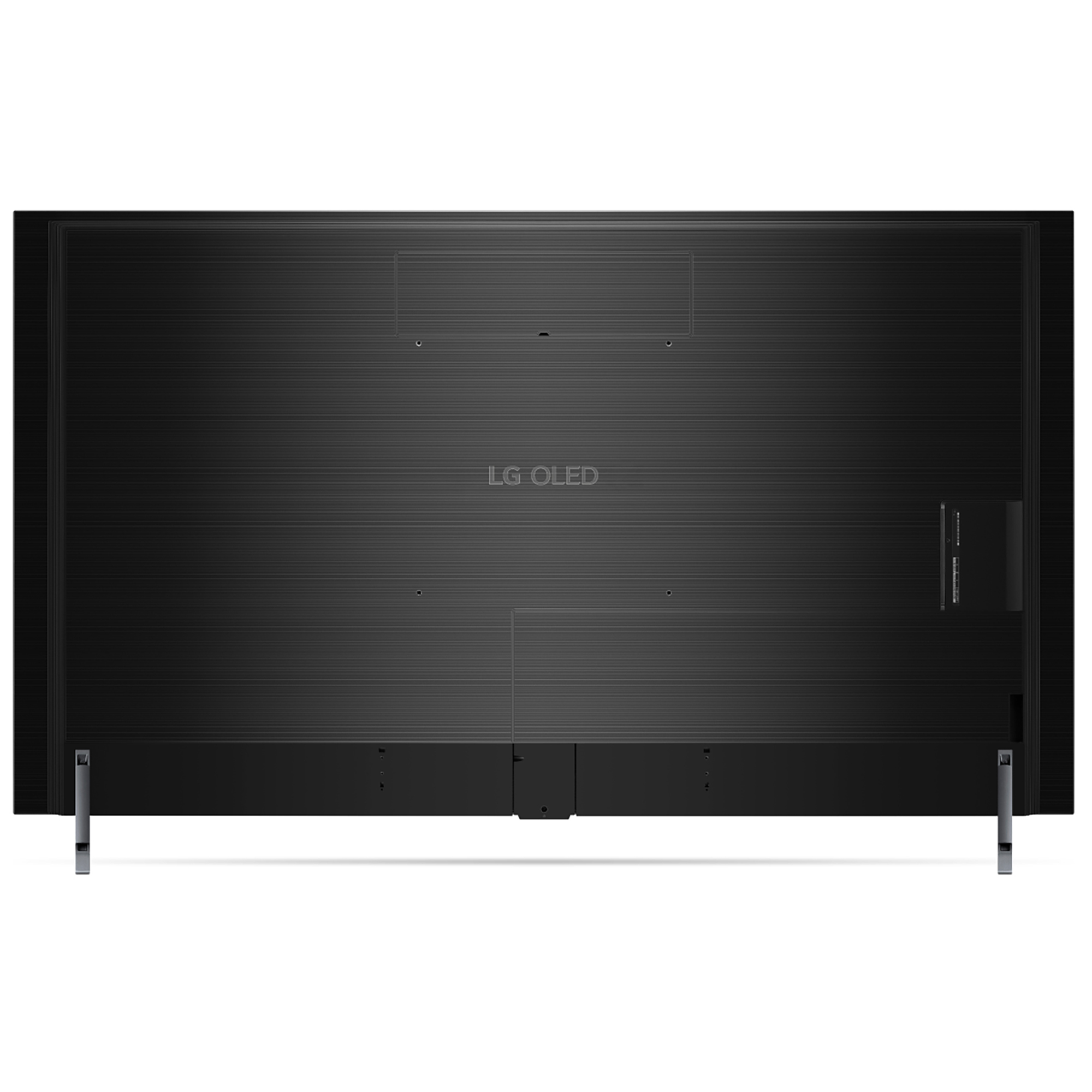 Parte trasera de un televisor LG OLED evo negro, mostrando puertos y el logotipo LG OLED.
