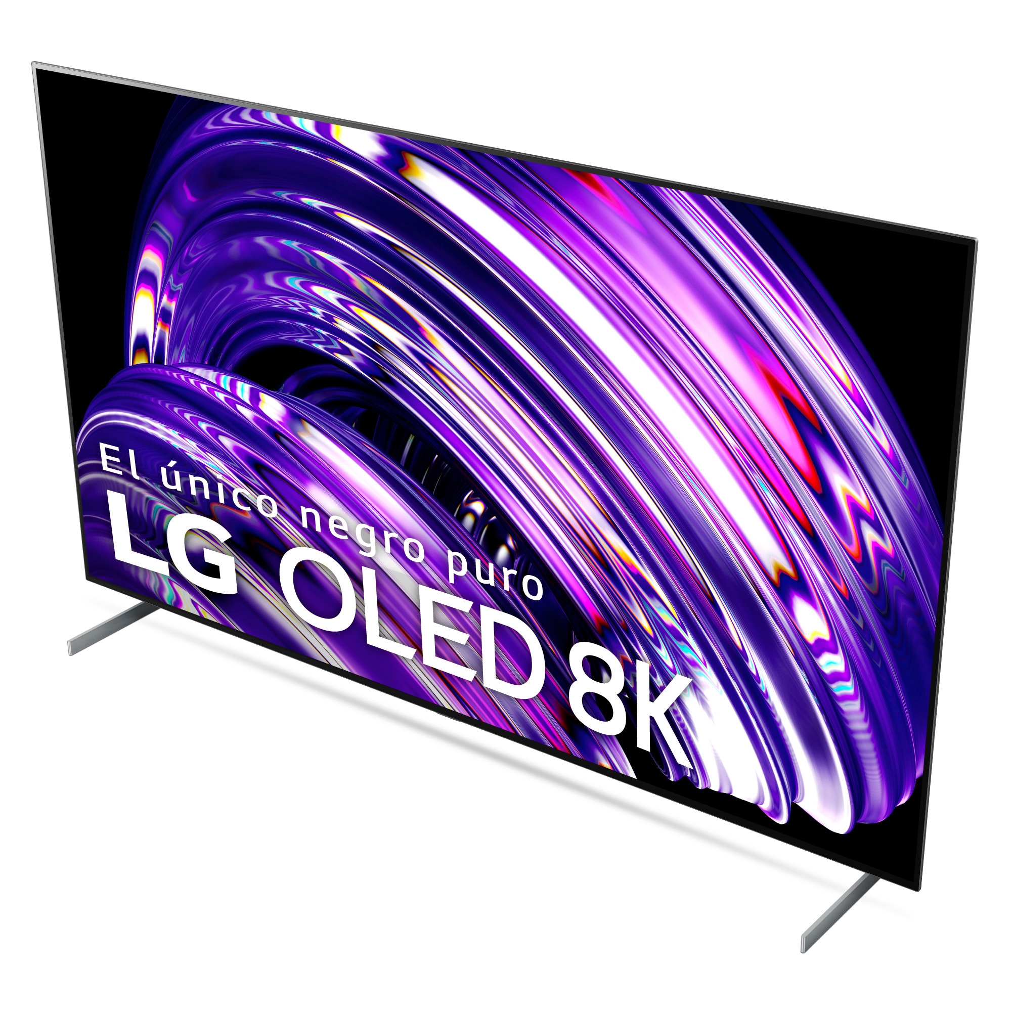 Un gran televisor LG OLED 8K curvo muestra una imagen morada y negra en espiral. El televisor está sobre un fondo blanco.