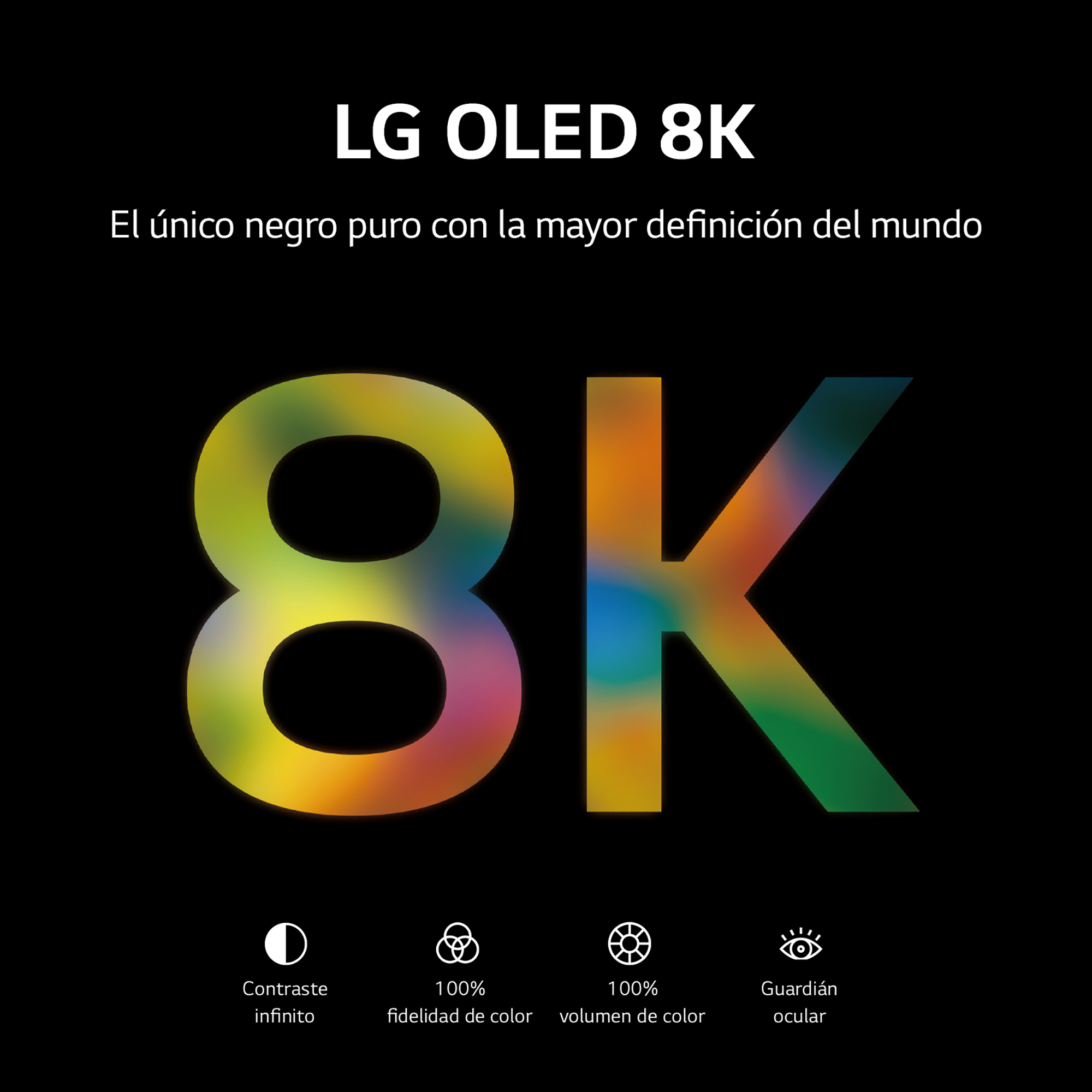 La imagen muestra una pantalla LG OLED 8K. El texto dice 'El único negro puro con la mayor definición del mundo'.