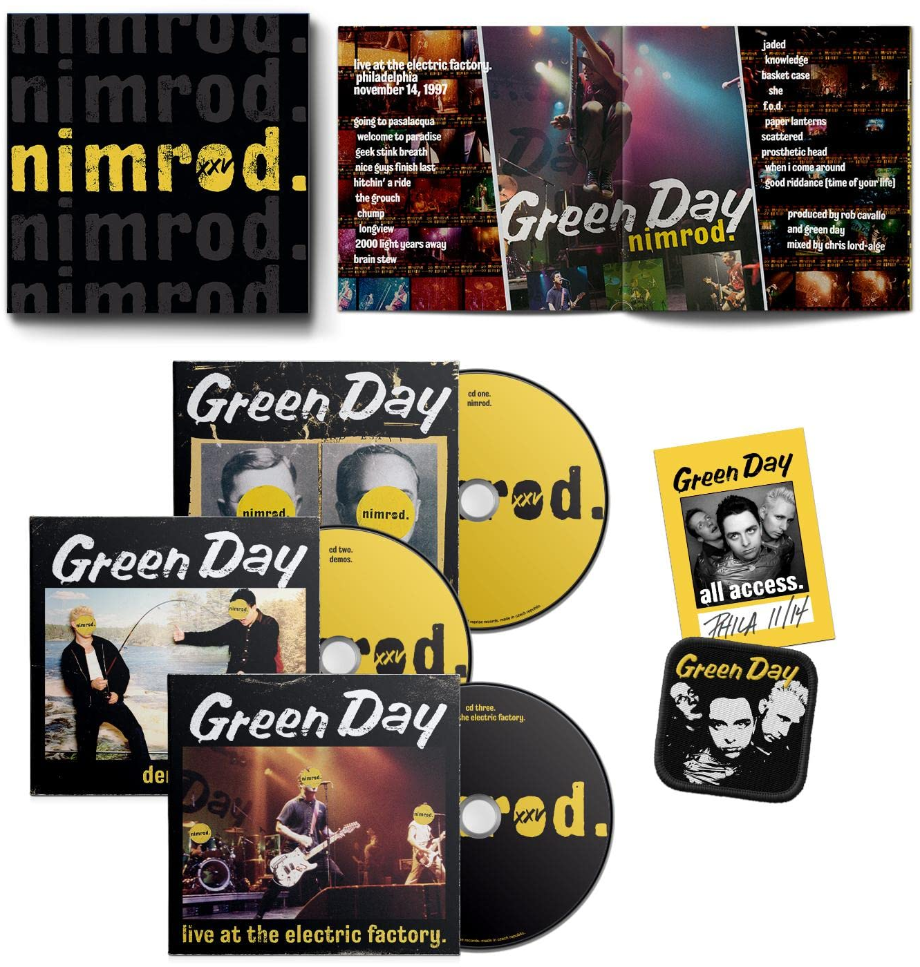Green Day albumkészlet CD-kkel, logófolttal és jeggyel.