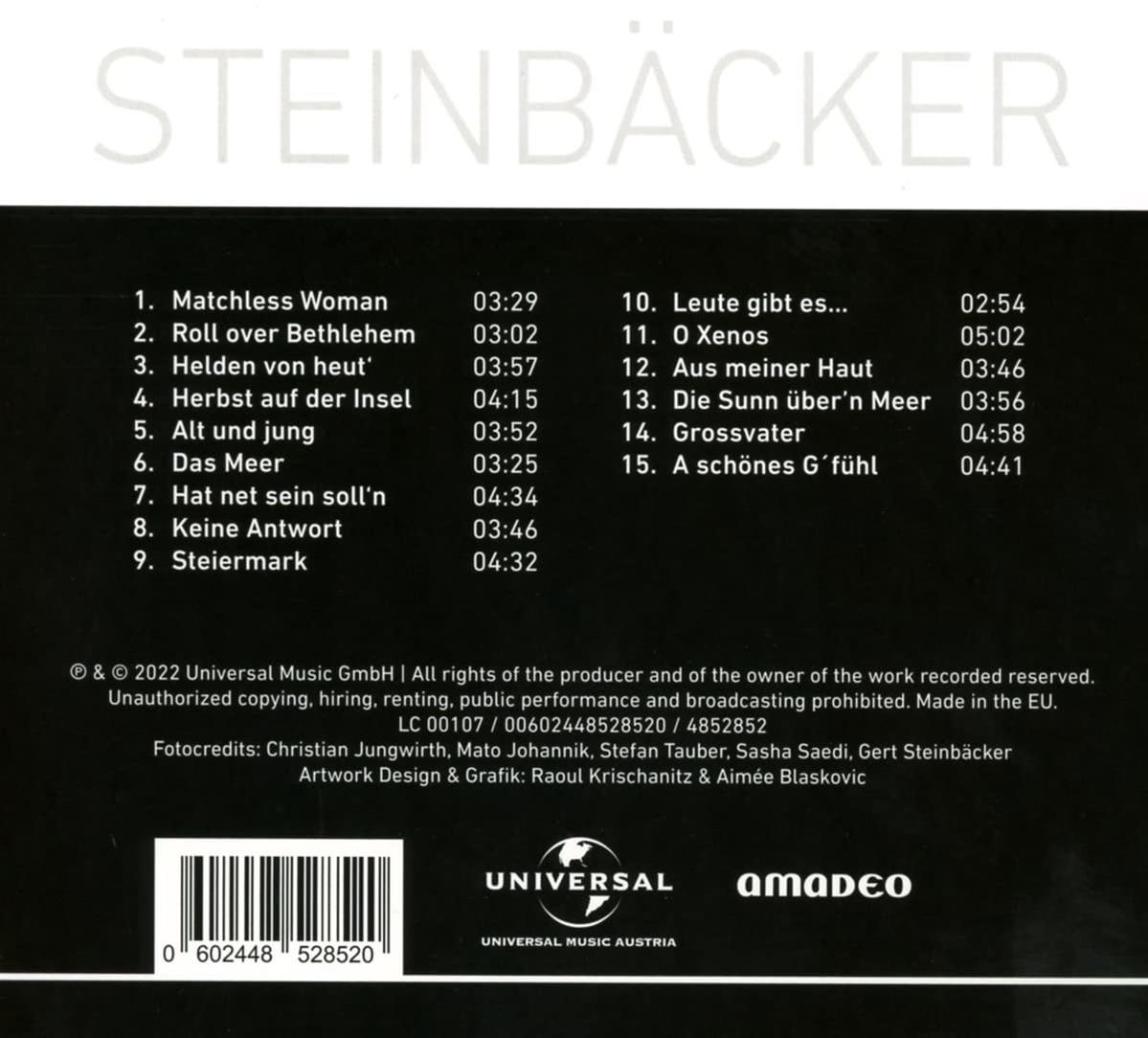Albumcover mit Titelliste für das Album von Steinbäcker. Verschiedener Text und ein Barcode unten.
