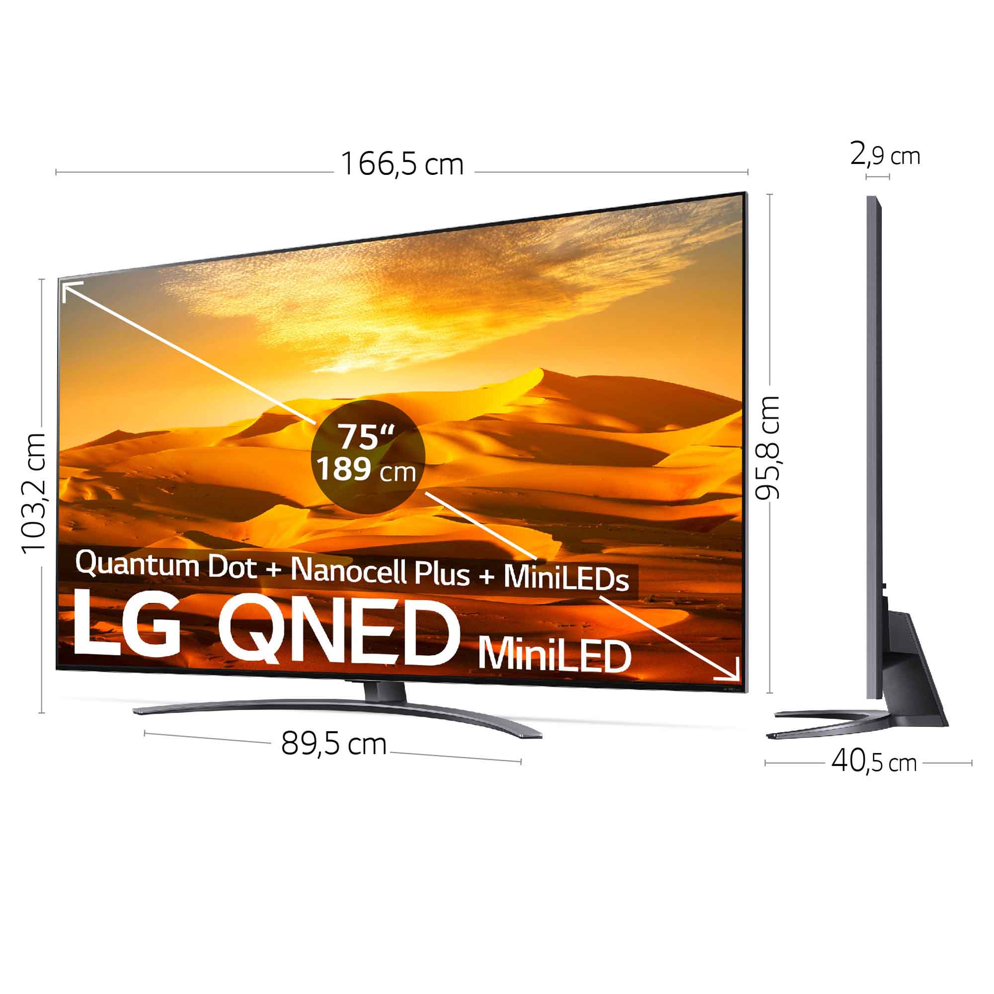 Un gran televisor LG QNED MiniLED con dimensiones mostradas.