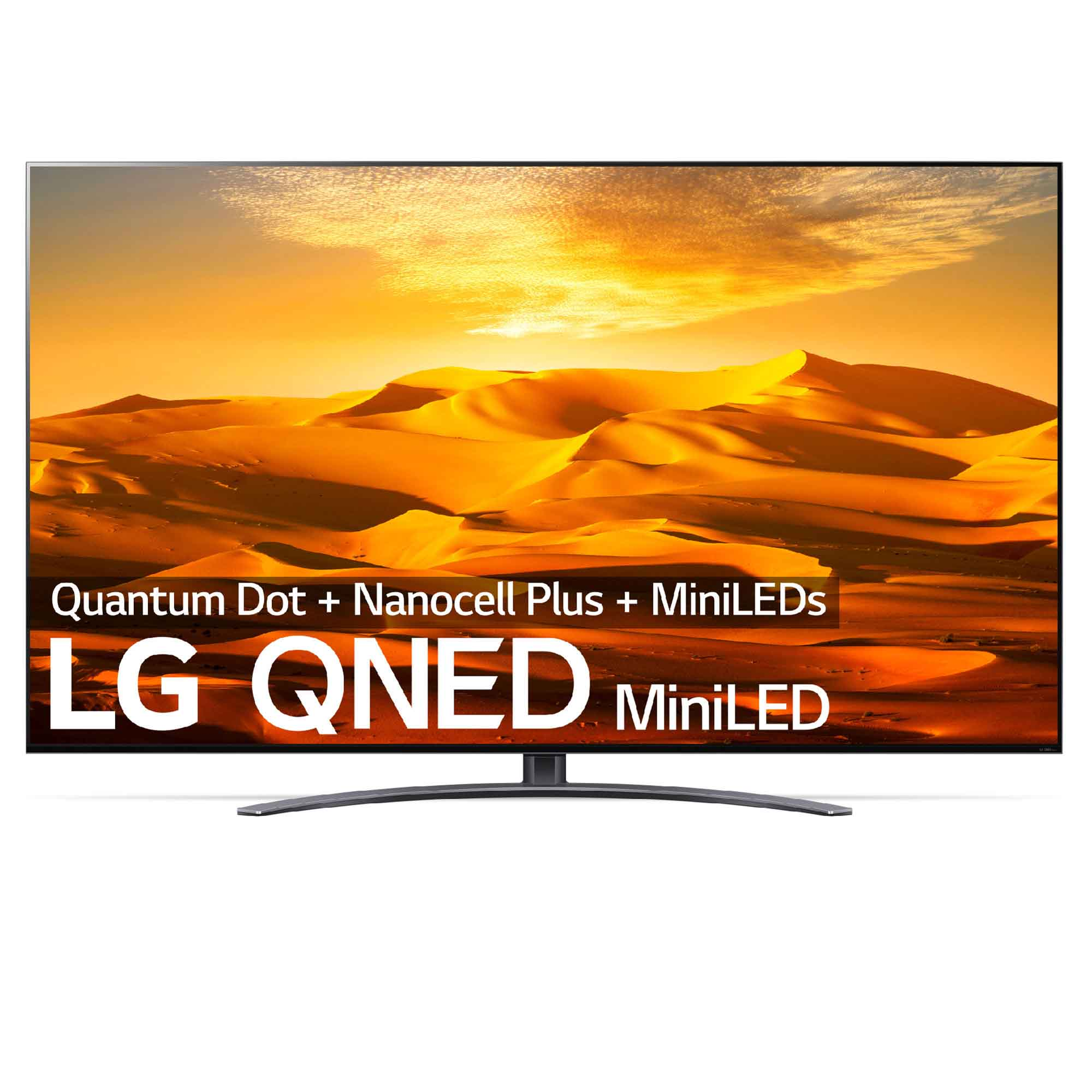 El televisor LG QNED MiniLED muestra una escena desértica. Texto inferior: Quantum Dot + NanoCell Plus + MiniLEDs.