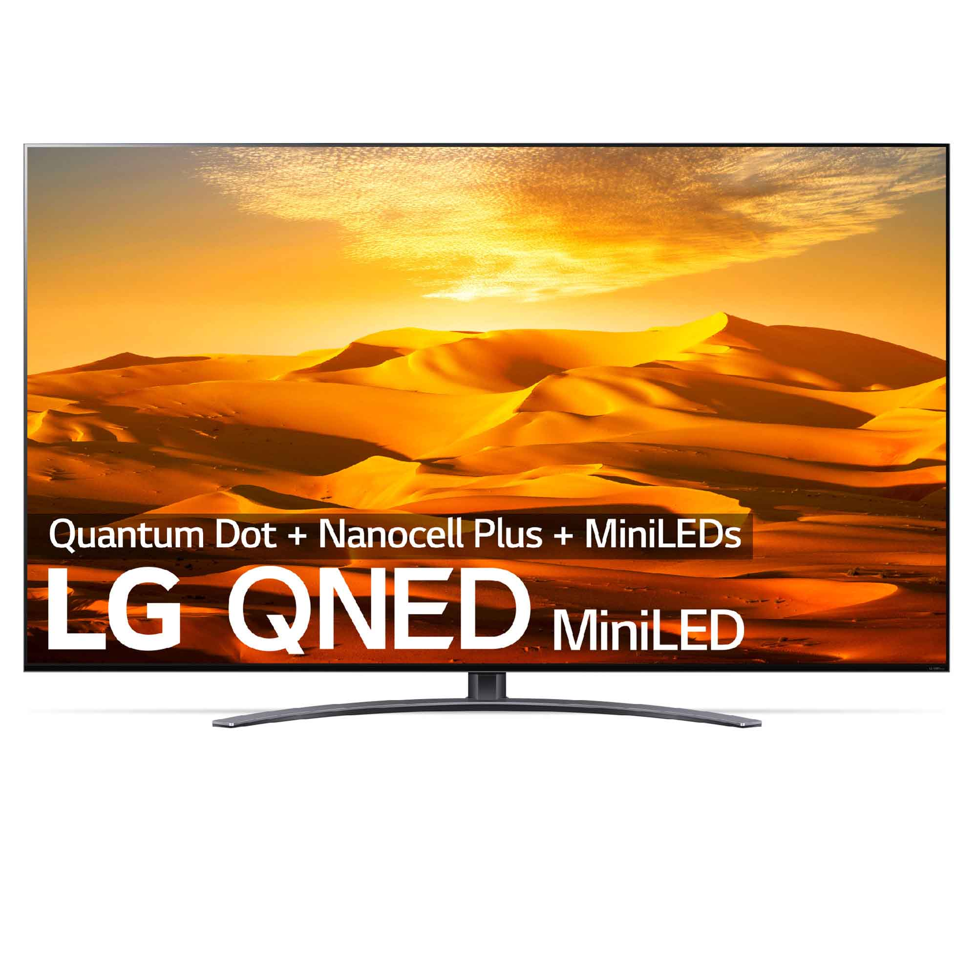 TV LG QNED MiniLED con paisaje desértico en pantalla, nombre del producto y marca en blanco.