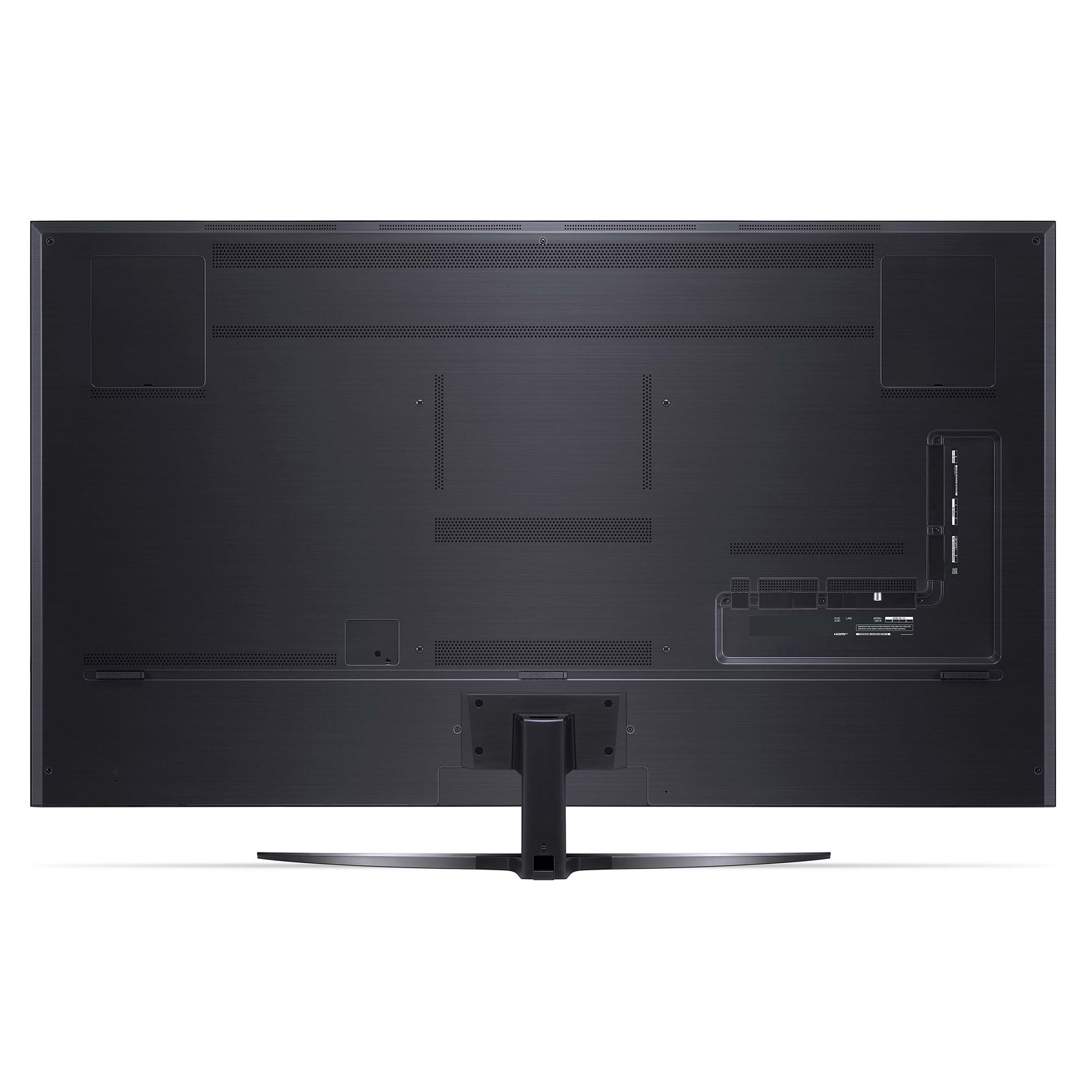 Parte trasera de un televisor negro grande con puertos y un soporte sobre un fondo blanco.