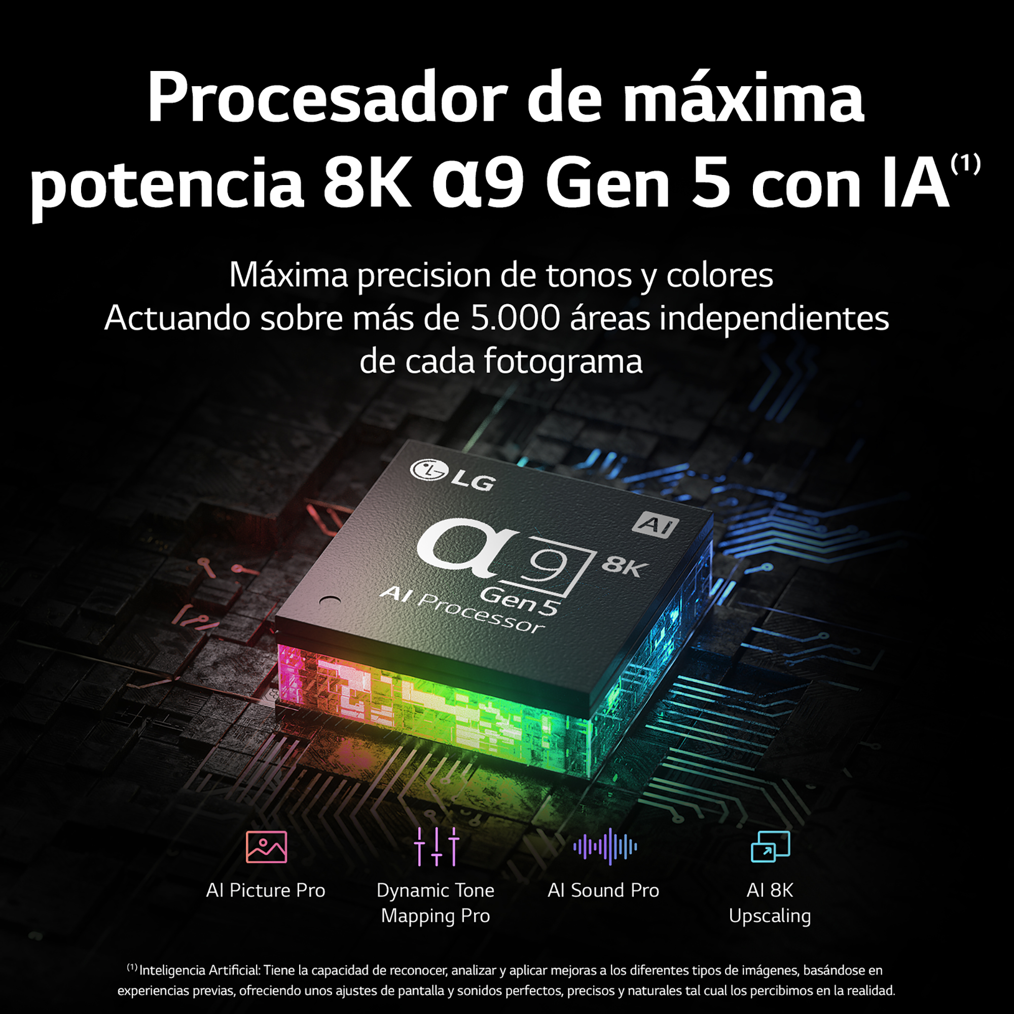 Un procesador LG con IA, con luces coloridas, sobre una superficie negra.