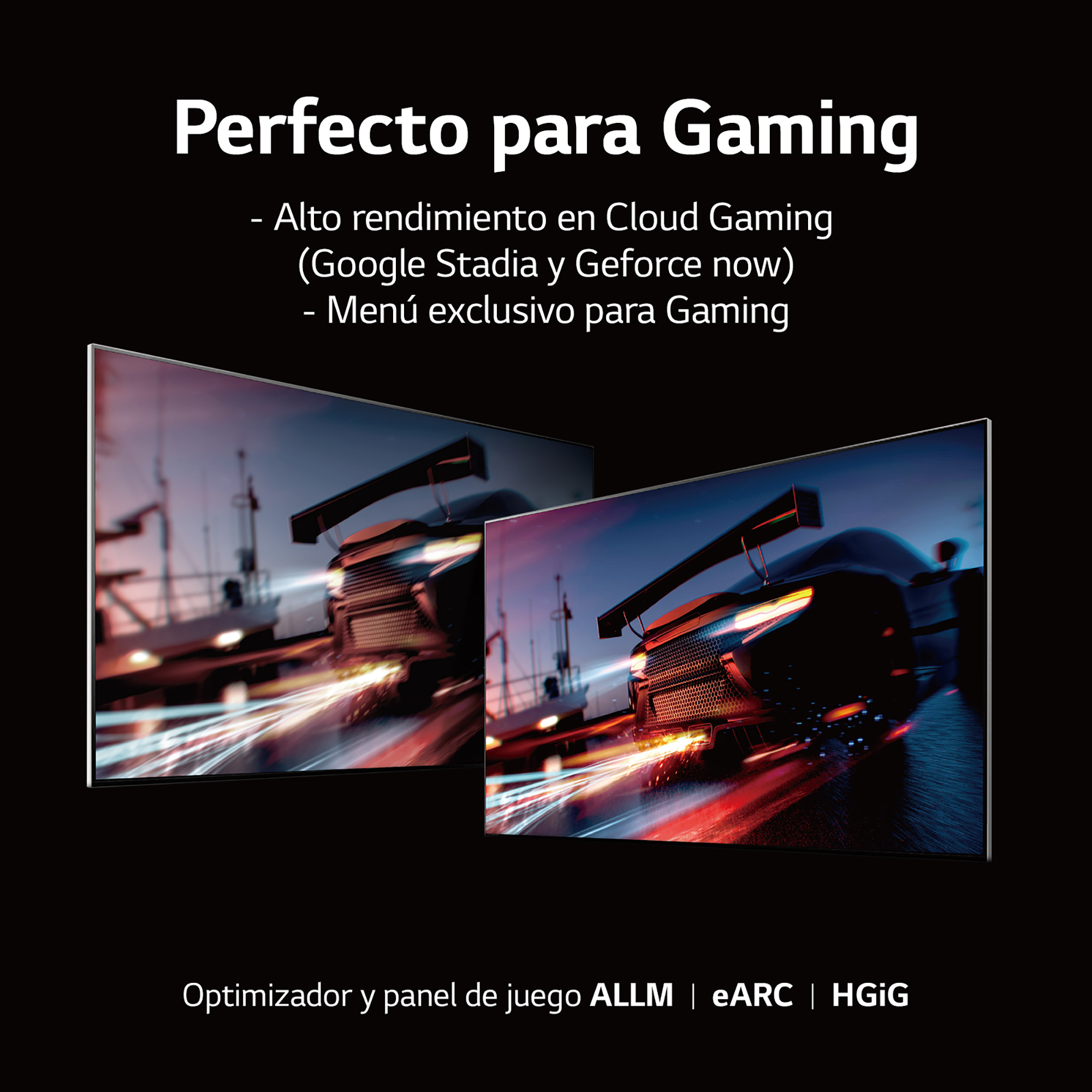 Dos pantallas mostrando un juego de carreras. Texto: Perfecto para jugar.