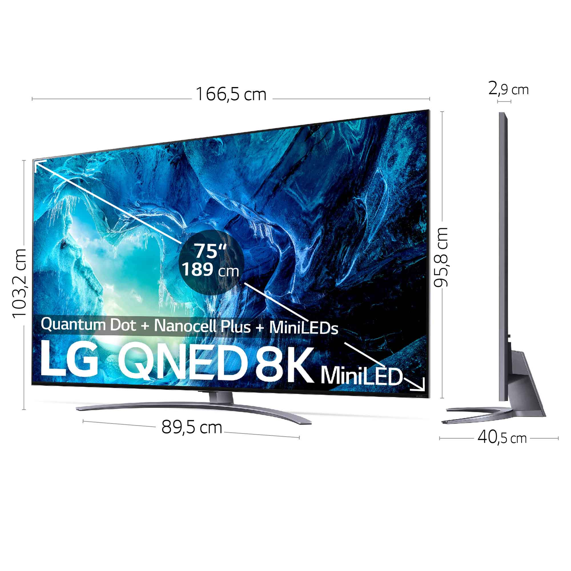 Un televisor grande con medidas y el logotipo LG QNED 8K MiniLED se muestra.