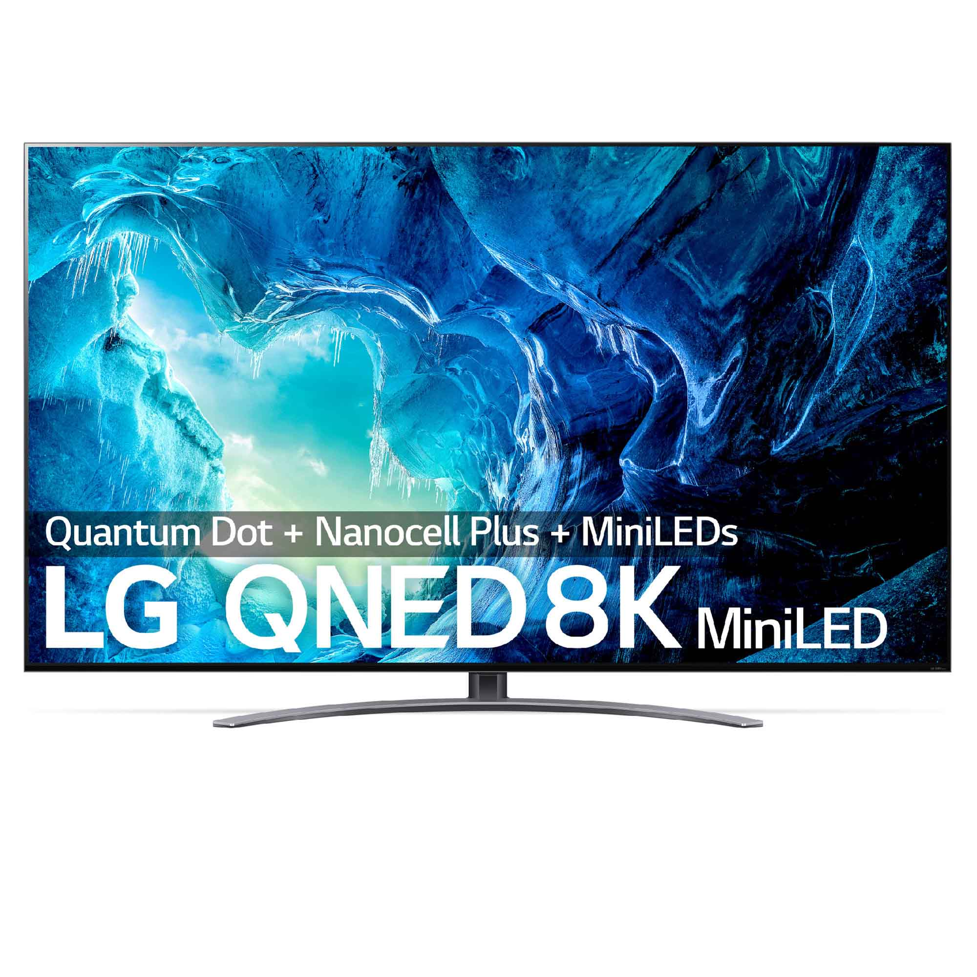 Gran TV LG QNED 8K MiniLED mostrando un paisaje azul y blanco.