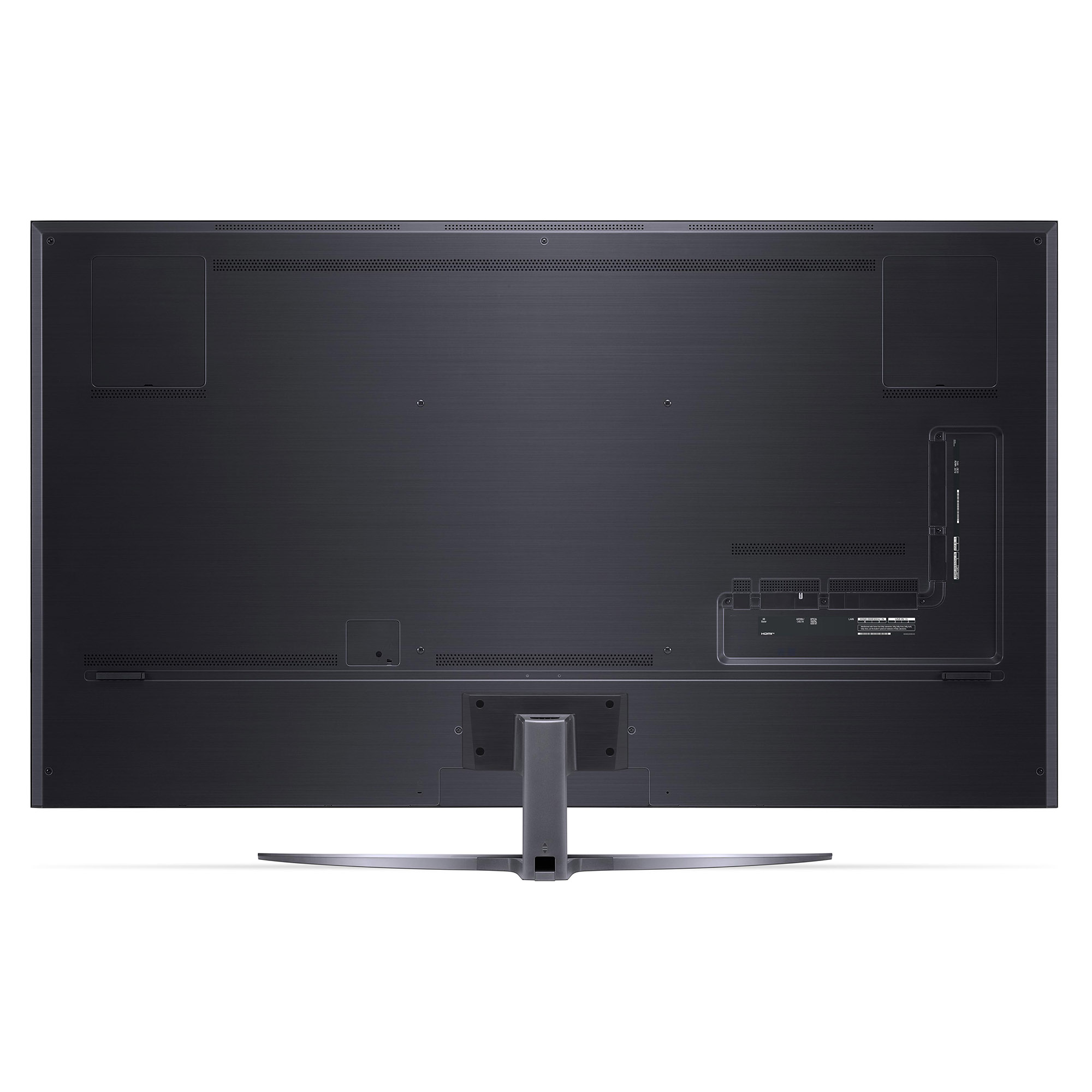 La parte posterior de un televisor negro grande muestra varios puertos y un soporte. El fondo es oscuro y tiene una textura.