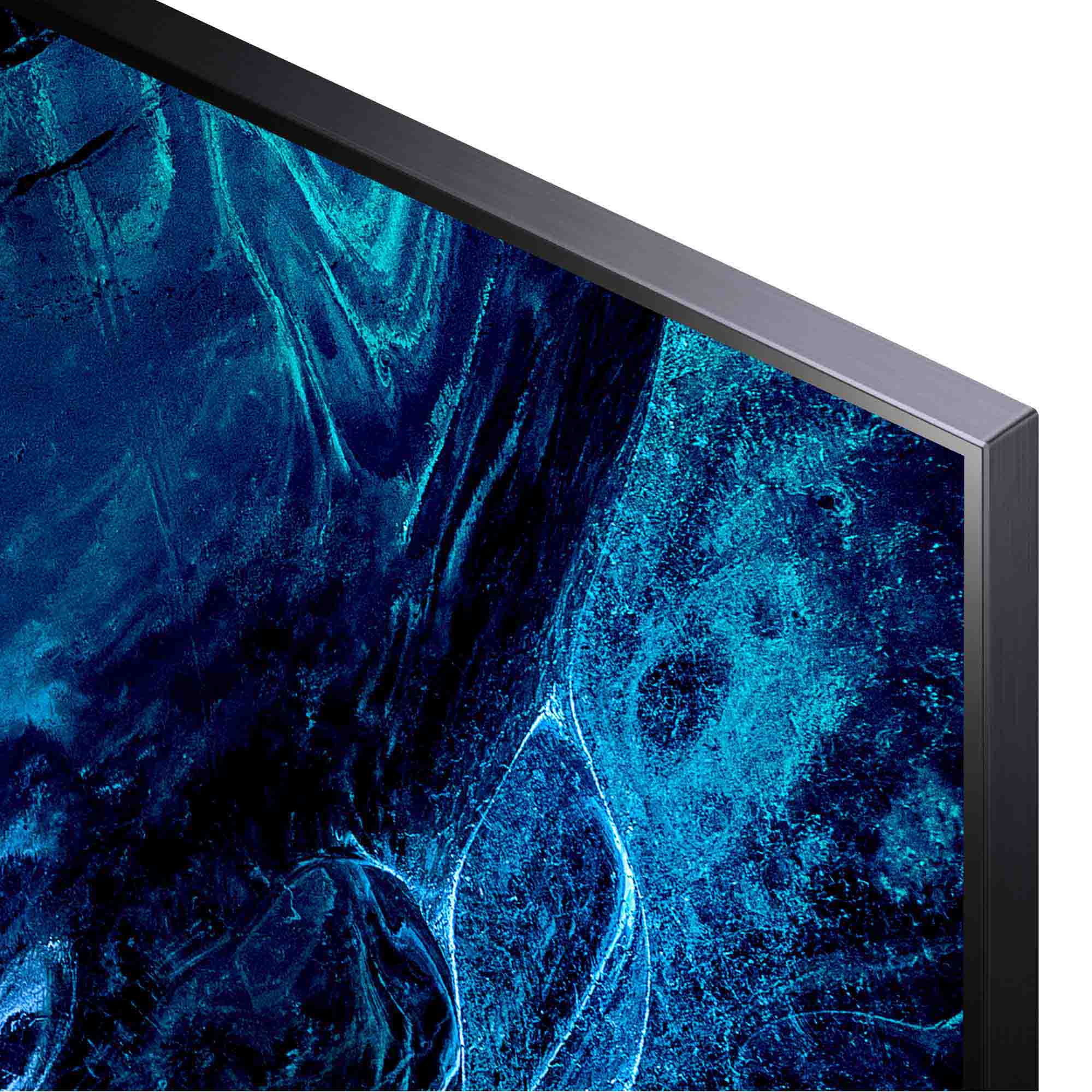 Primer plano de una pantalla de TV con remolinos azules y un marco negro. La pantalla muestra un patrón oscuro y texturizado.
