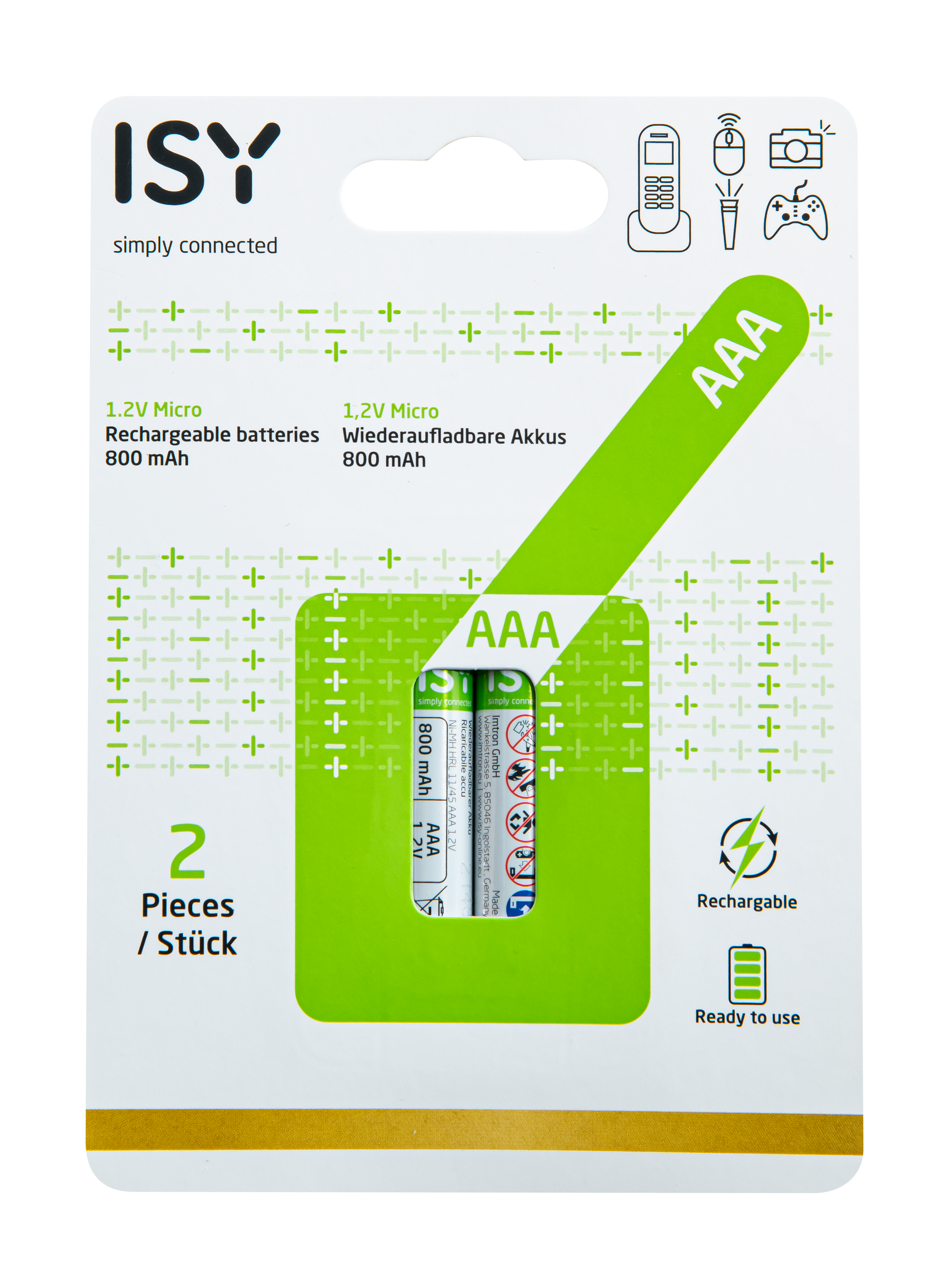 Embalaje de pilas AAA, verde y blanco, etiquetado como '1.2V Micro Baterías recargables 800 mAh'.
