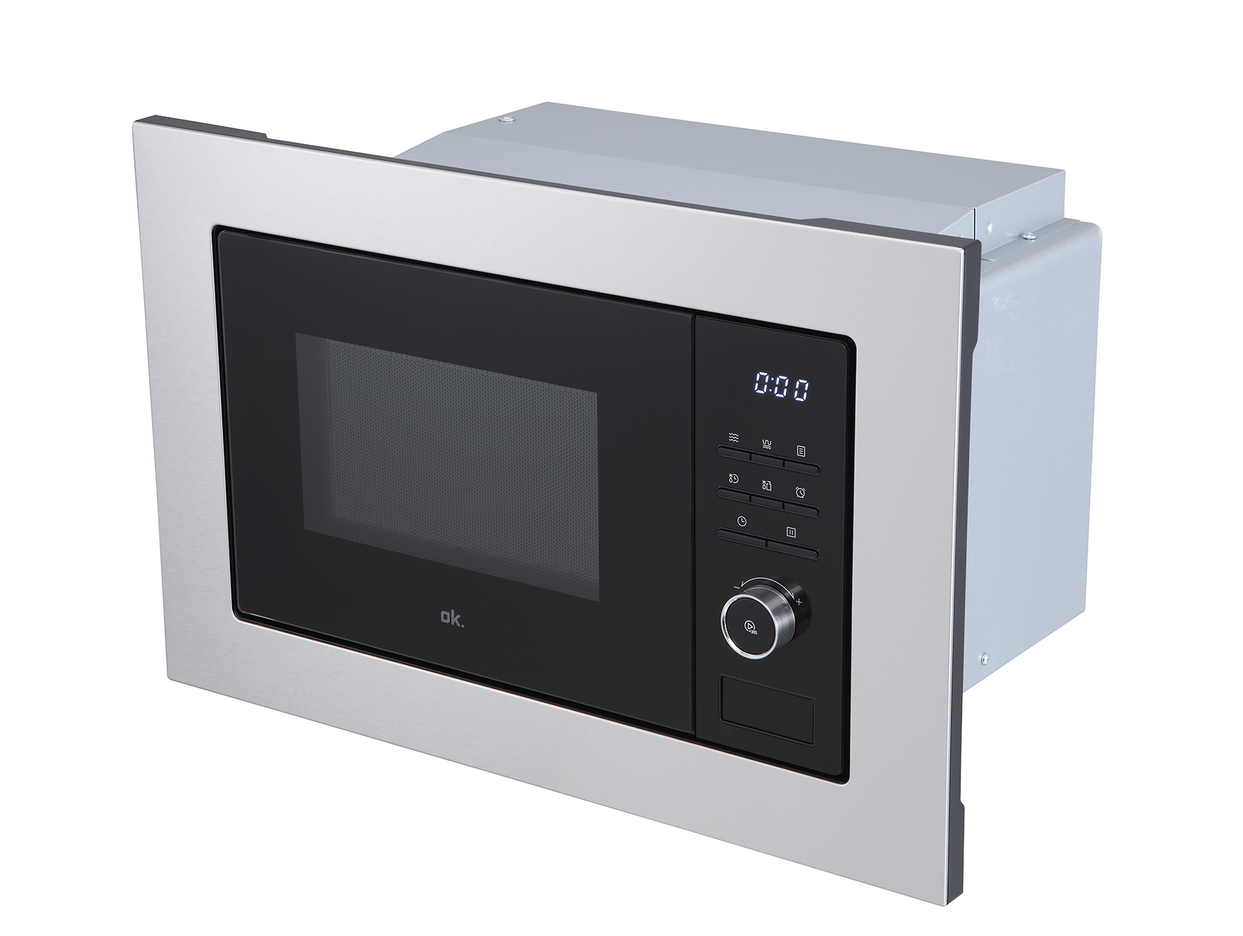 Microondas empotrado. Es metálico con puerta y panel de control negros.