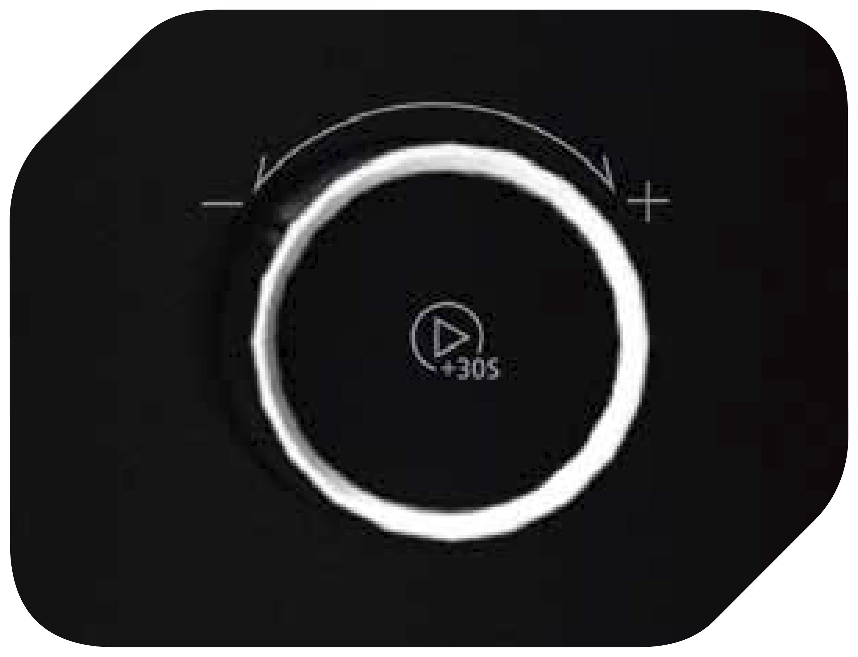 Primer plano de una perilla de control de electrodoméstico negro con botón de reproducción y +30s.