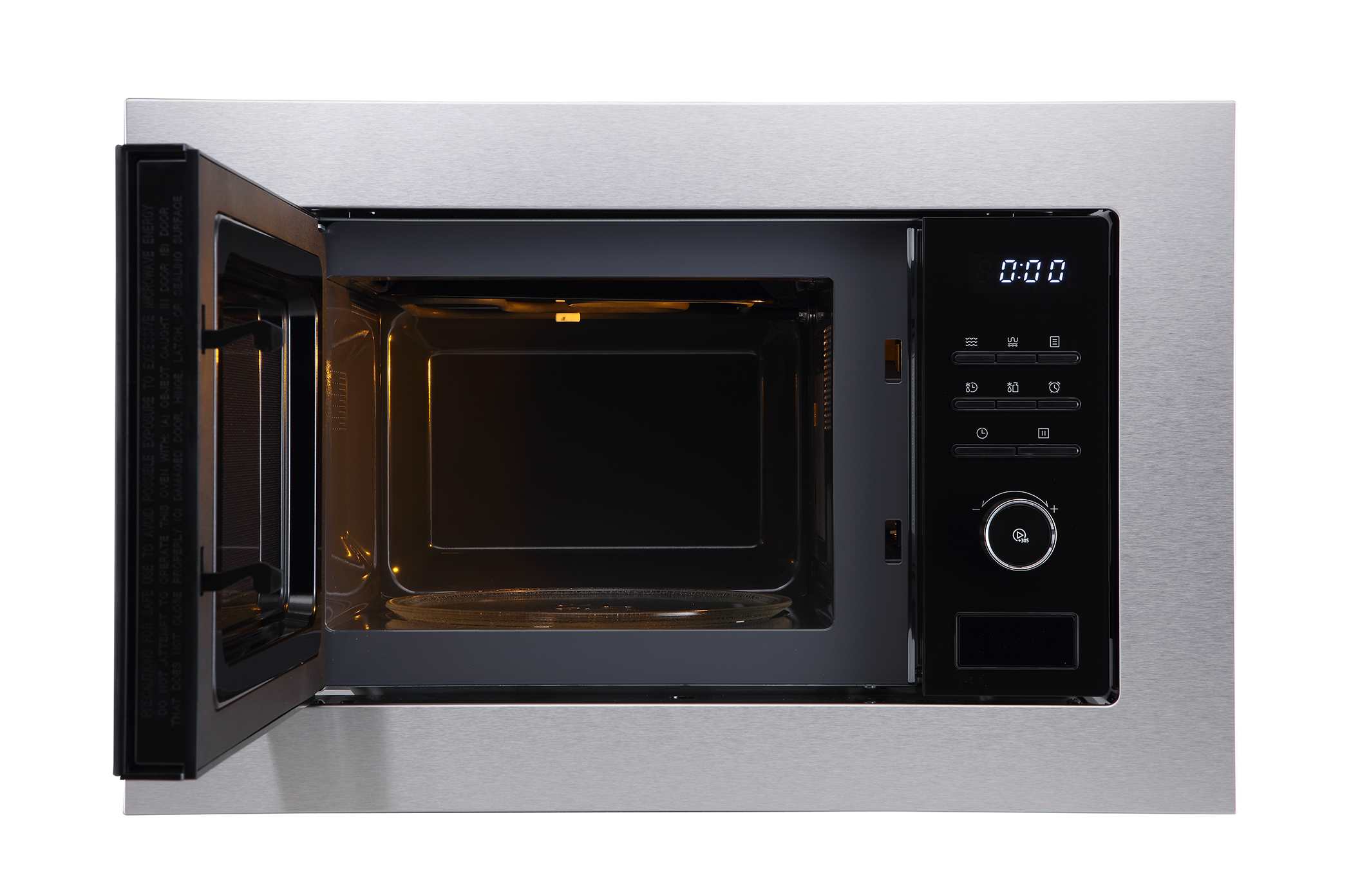 Horno microondas abierto que muestra el interior, la pantalla del reloj digital y el panel de control.