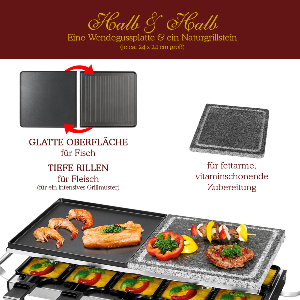 Ein Grillstein mit flacher Seite für Fisch und geriffelter Seite für Fleisch, zusammen mit gekochtem Essen und Zubehör.