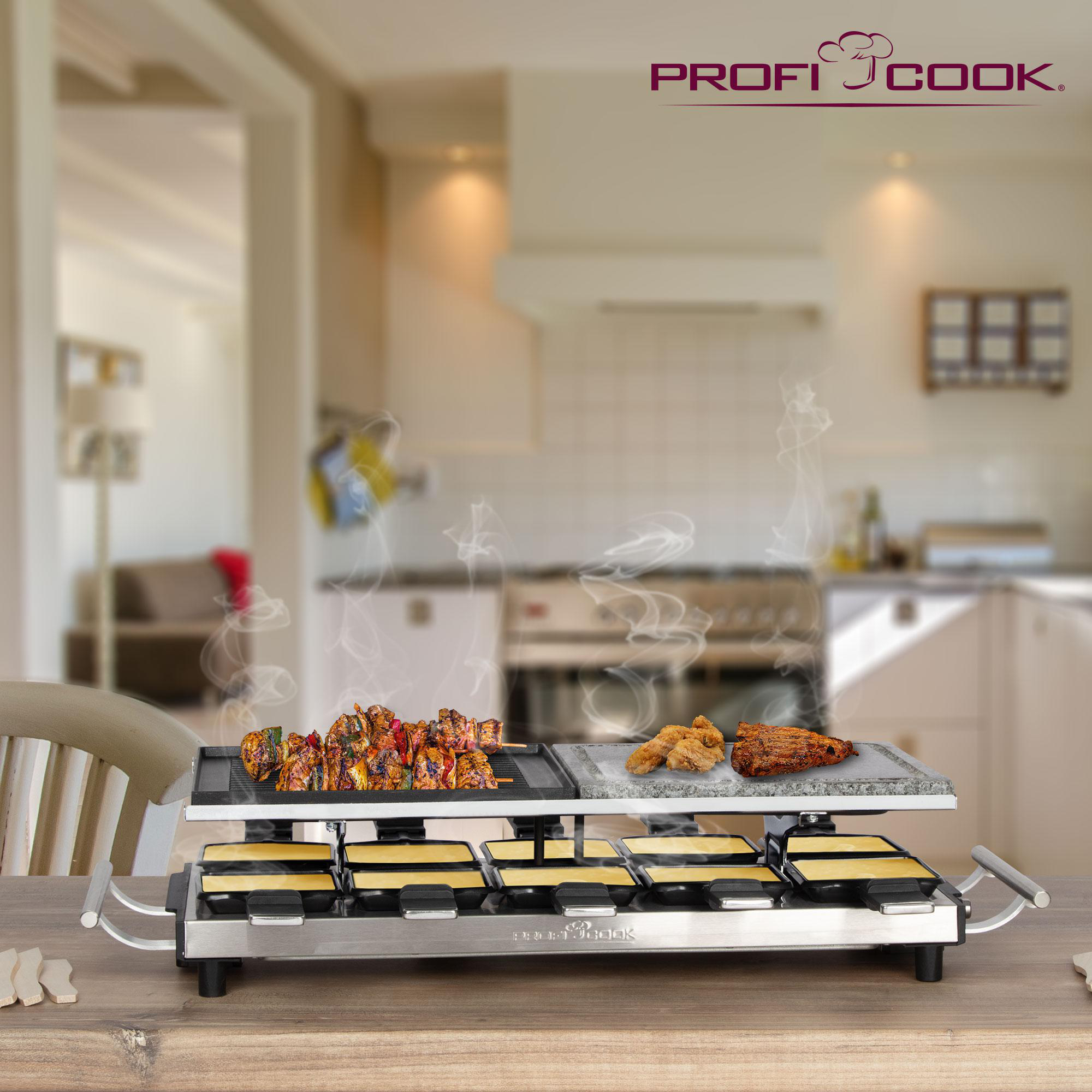 Raclette-Grill mit Essen, Rauch und Profi Cook Logo.