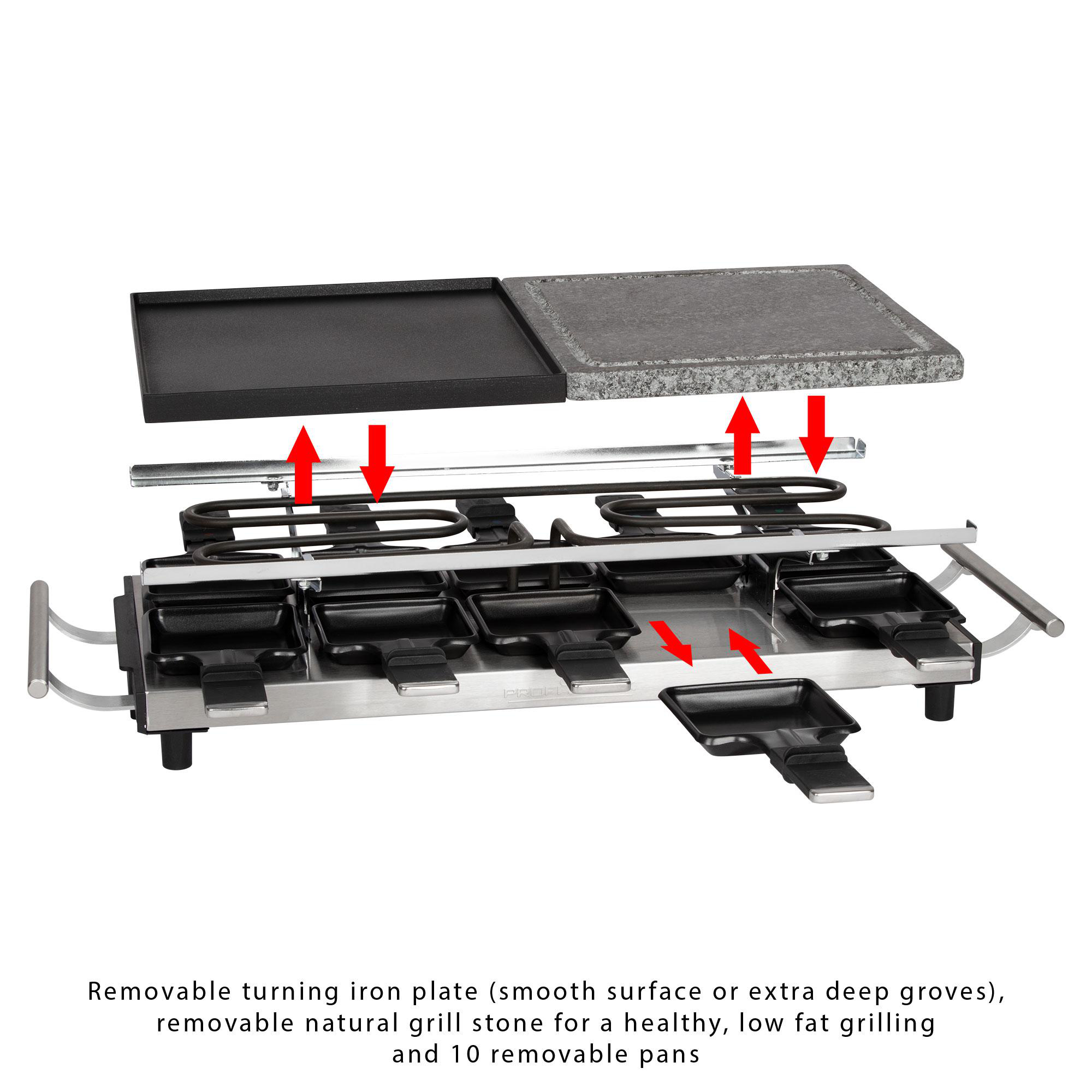 Raclette-Grill mit herausnehmbaren Platten und Pfannen, Metallrahmen. Pfeile zeigen abnehmbare Teile.