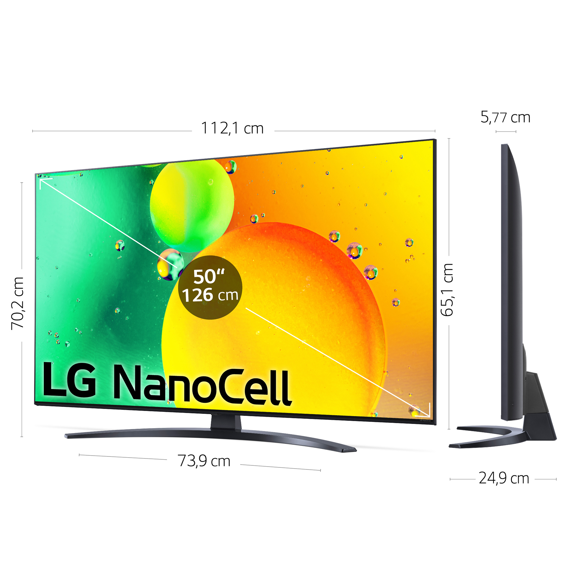 Un televisor LG NanoCell que muestra sus dimensiones y especificaciones.