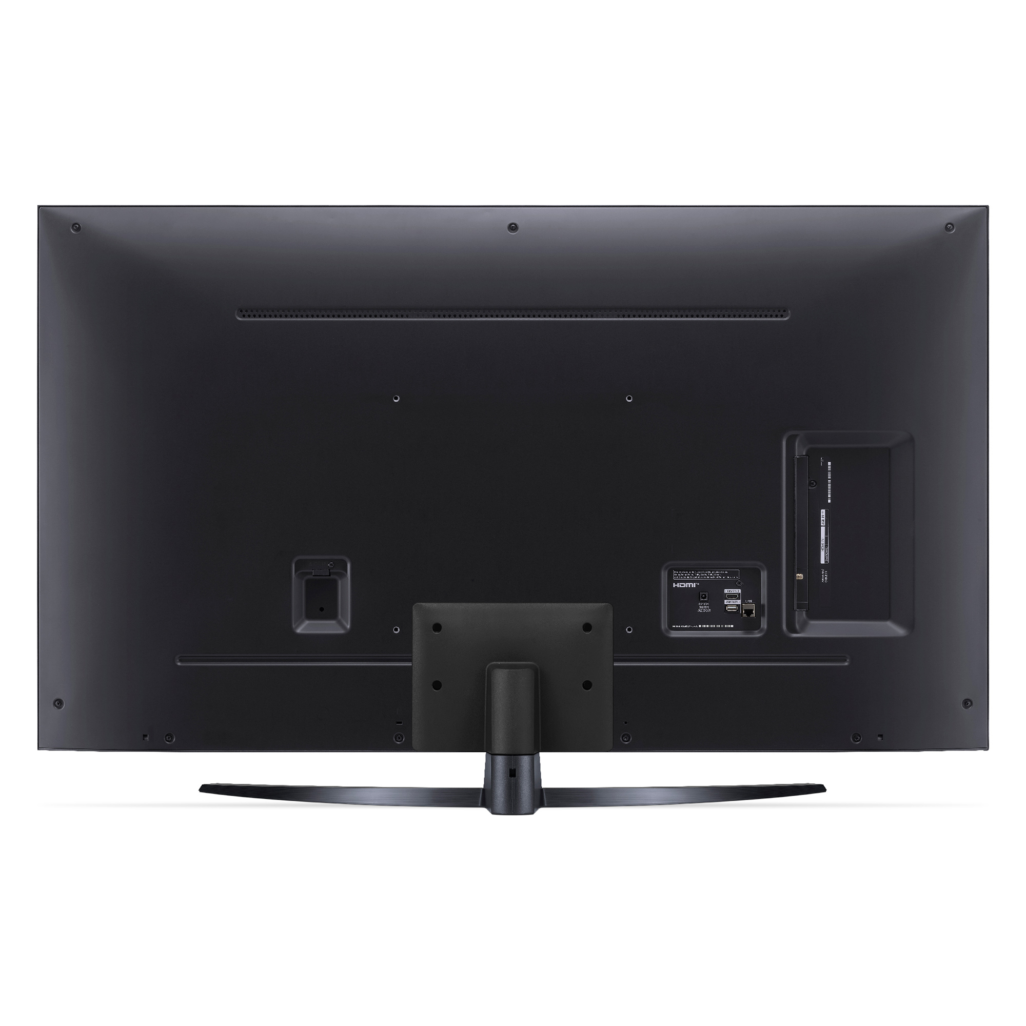 La parte trasera de un televisor LG negro con varios puertos y un soporte. La parte trasera es lisa.
