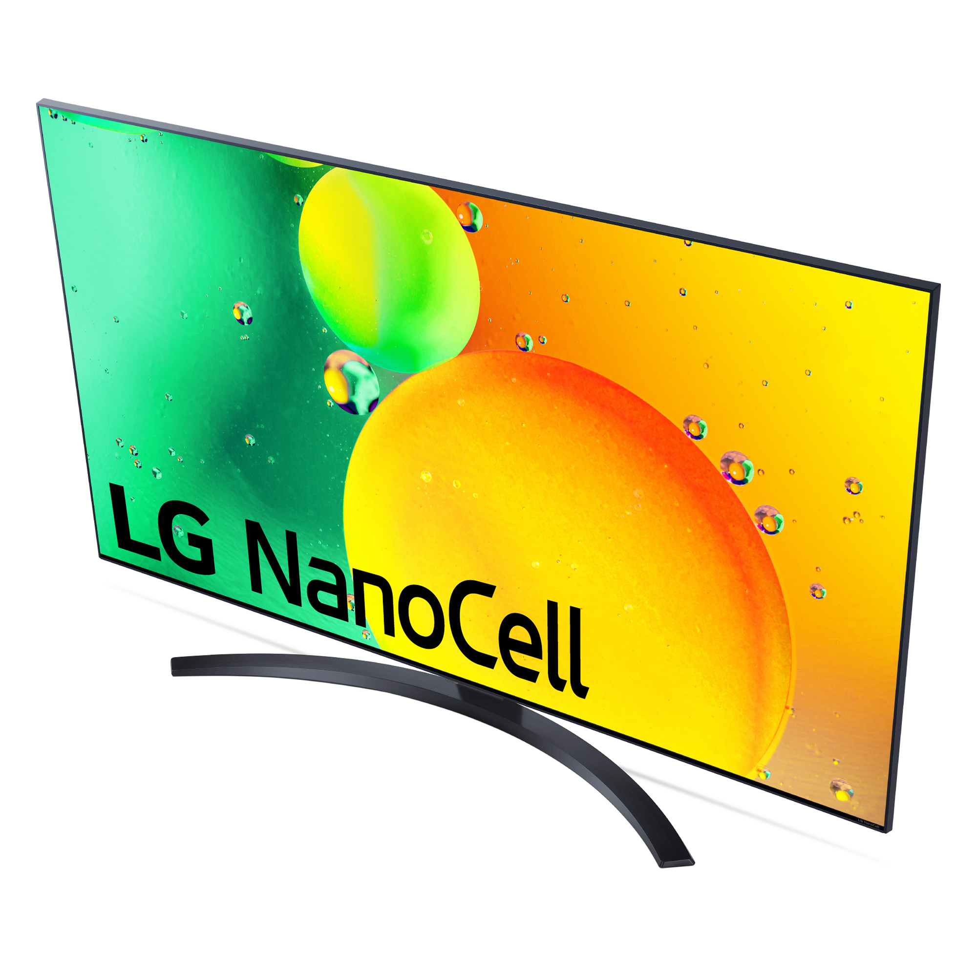 TV LG NanoCell con un fondo colorido, vista desde arriba.