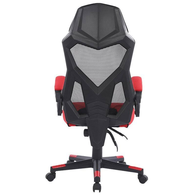 Vista trasera de una silla gaming negra y roja con malla y detalles rojos.