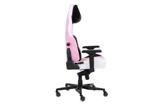 Una silla gaming rosa y blanca vista de lado. Tiene una base negra.