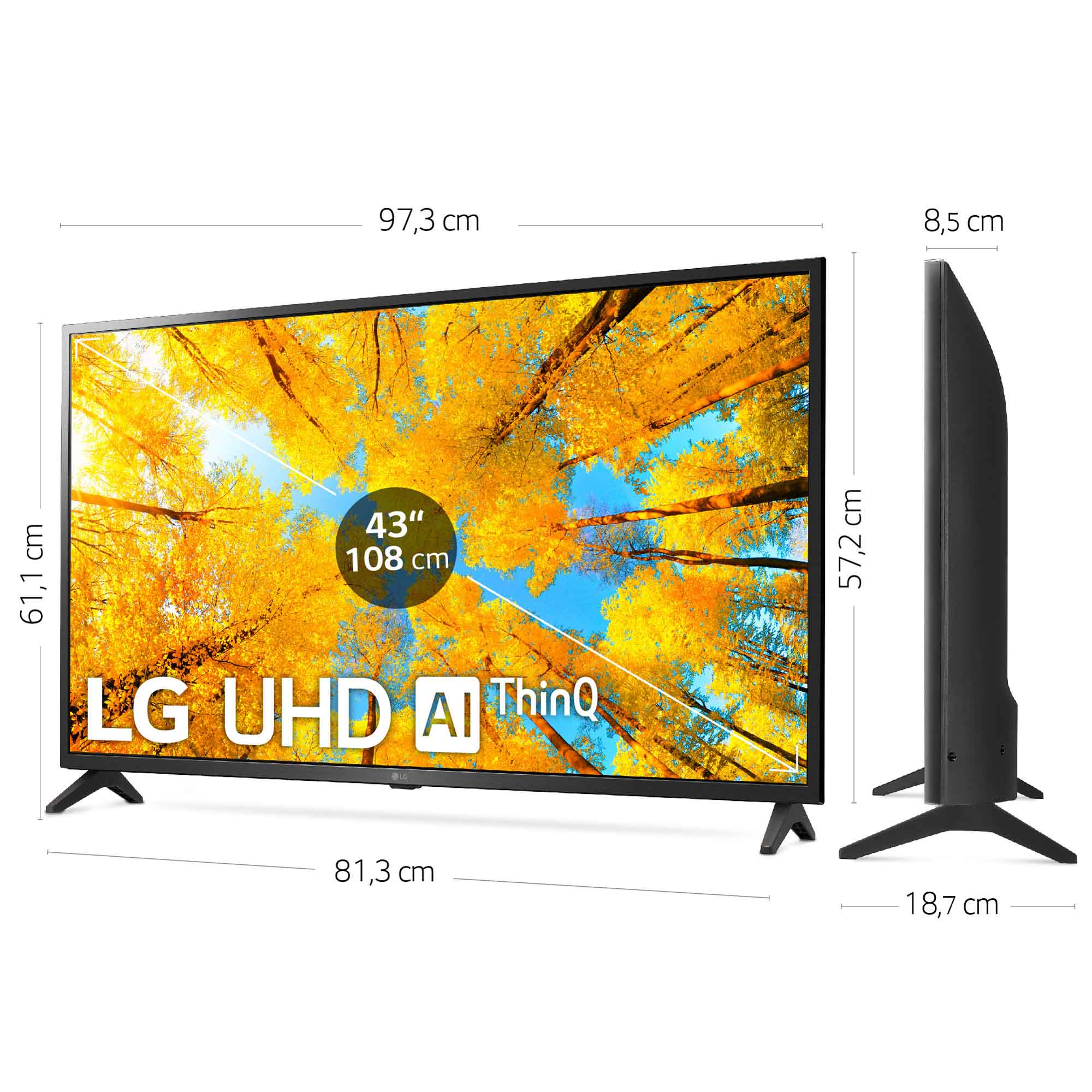 TV LG UHD AI ThinQ de 43 pulgadas, muestra hojas amarillas de otoño. Medidas.