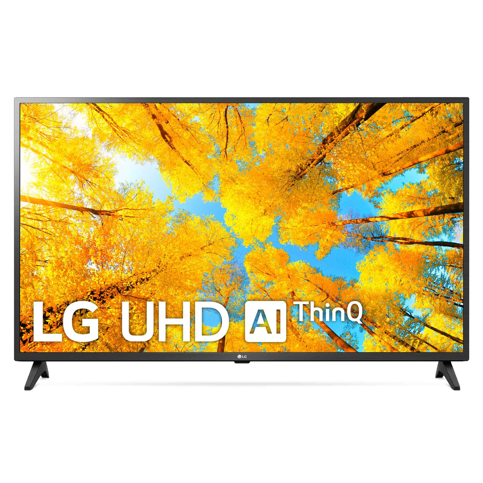 Un televisor LG UHD AI ThinQ de pantalla plana contra un fondo de cielo azul.