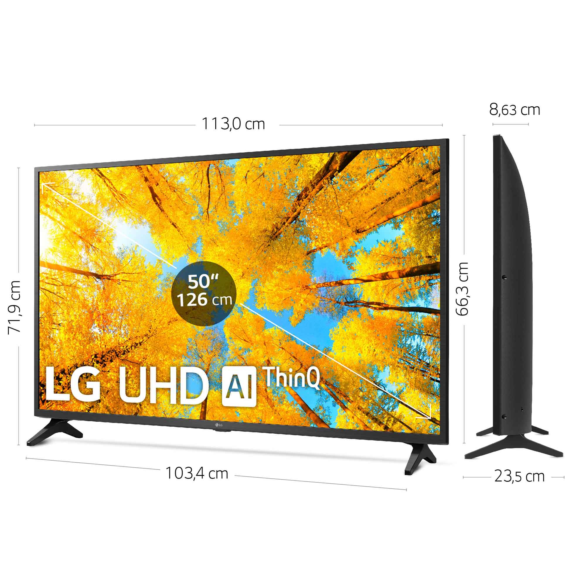 Un televisor con dimensiones en cm. El TV es negro con patas delgadas.
