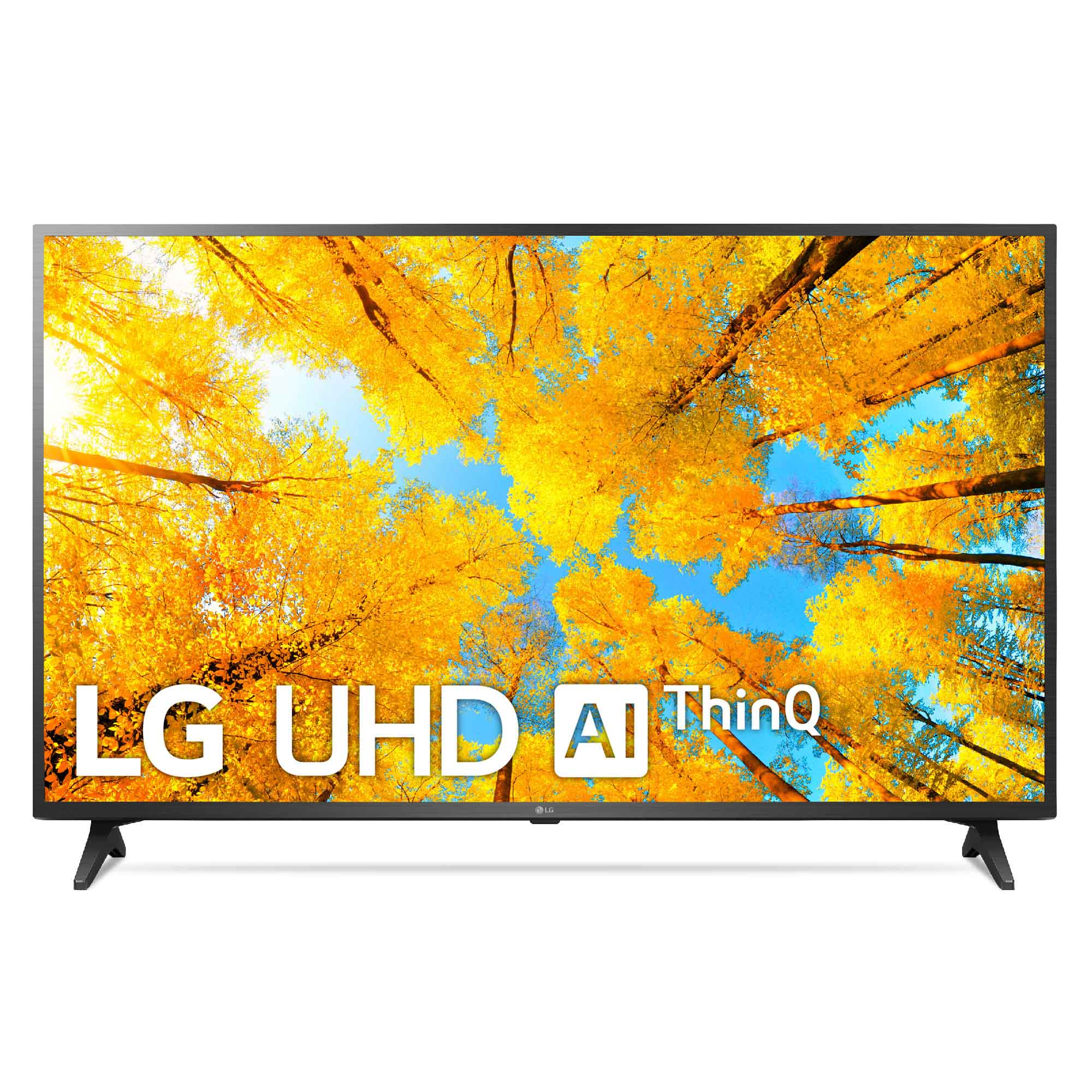 Una pantalla de televisión que muestra una vibrante escena de bosque otoñal con el texto: LG UHD AI ThinQ.