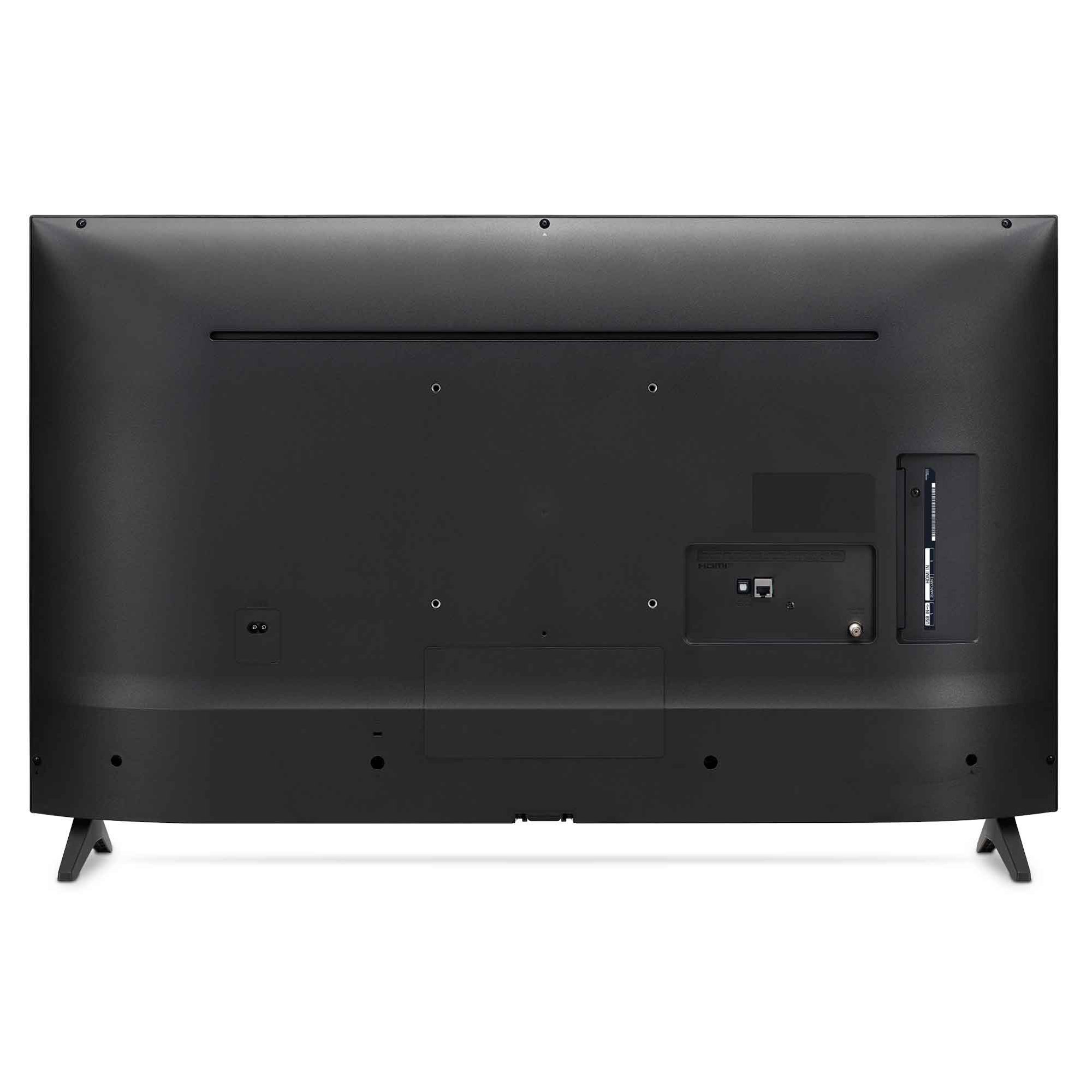 La parte trasera de un televisor de pantalla plana negro grande con puertos y patas.