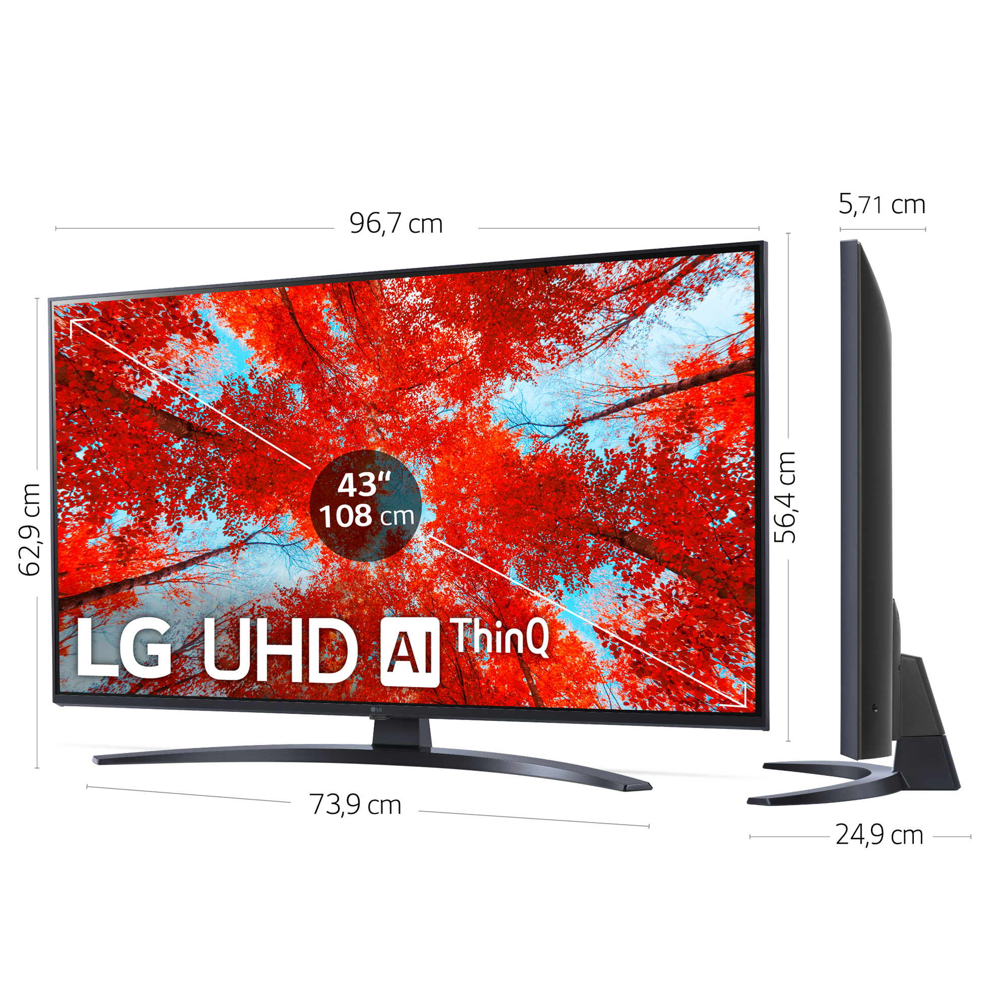TV LG UHD AI ThinQ de 43 pulgadas, muestra hojas rojas de otoño. Medidas.