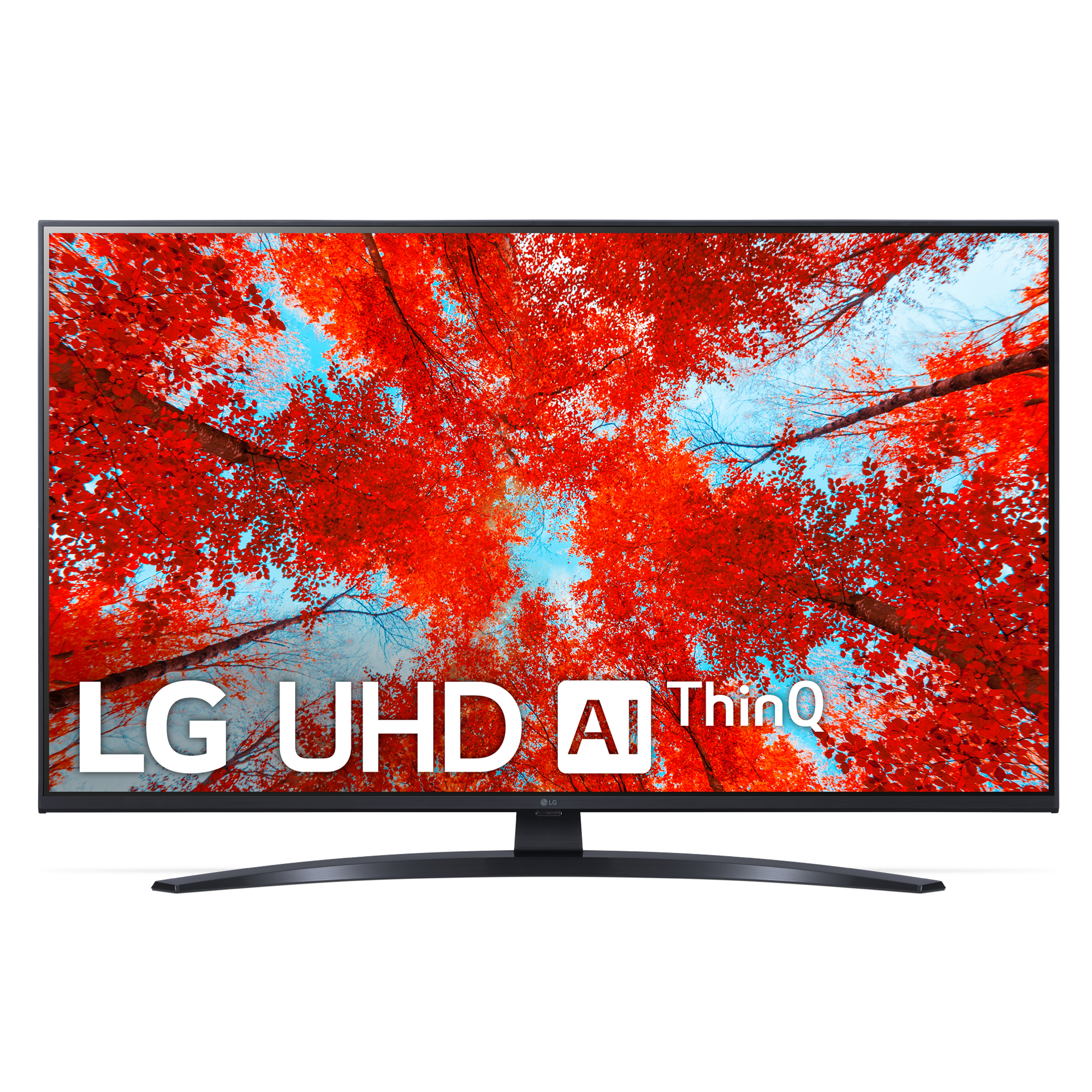 Televisor LG UHD AI ThinQ. La pantalla muestra una vista de un bosque con hojas rojas contra un cielo azul.
