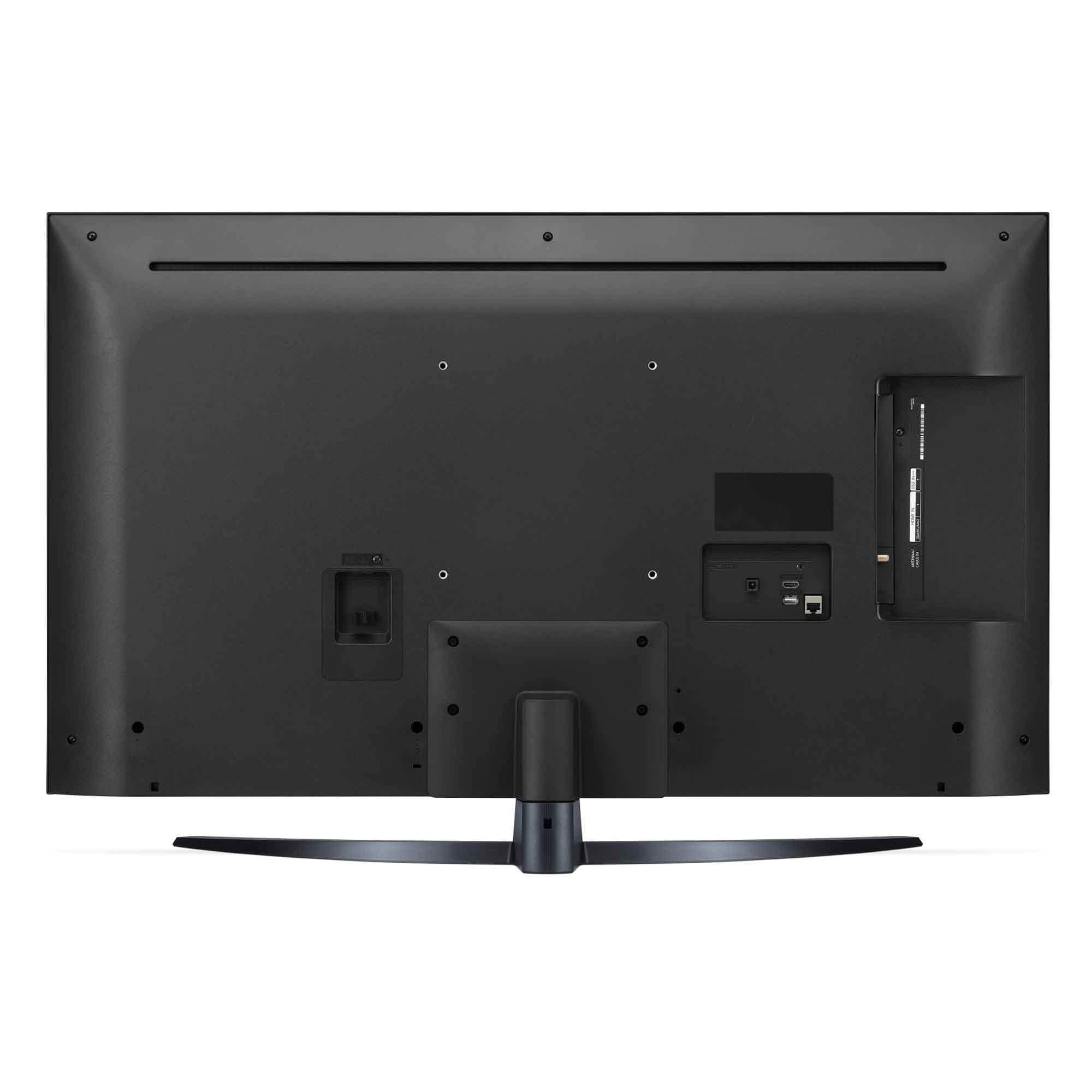 Parte trasera de un televisor LG negro con soporte y puertos. El televisor tiene un diseño moderno.